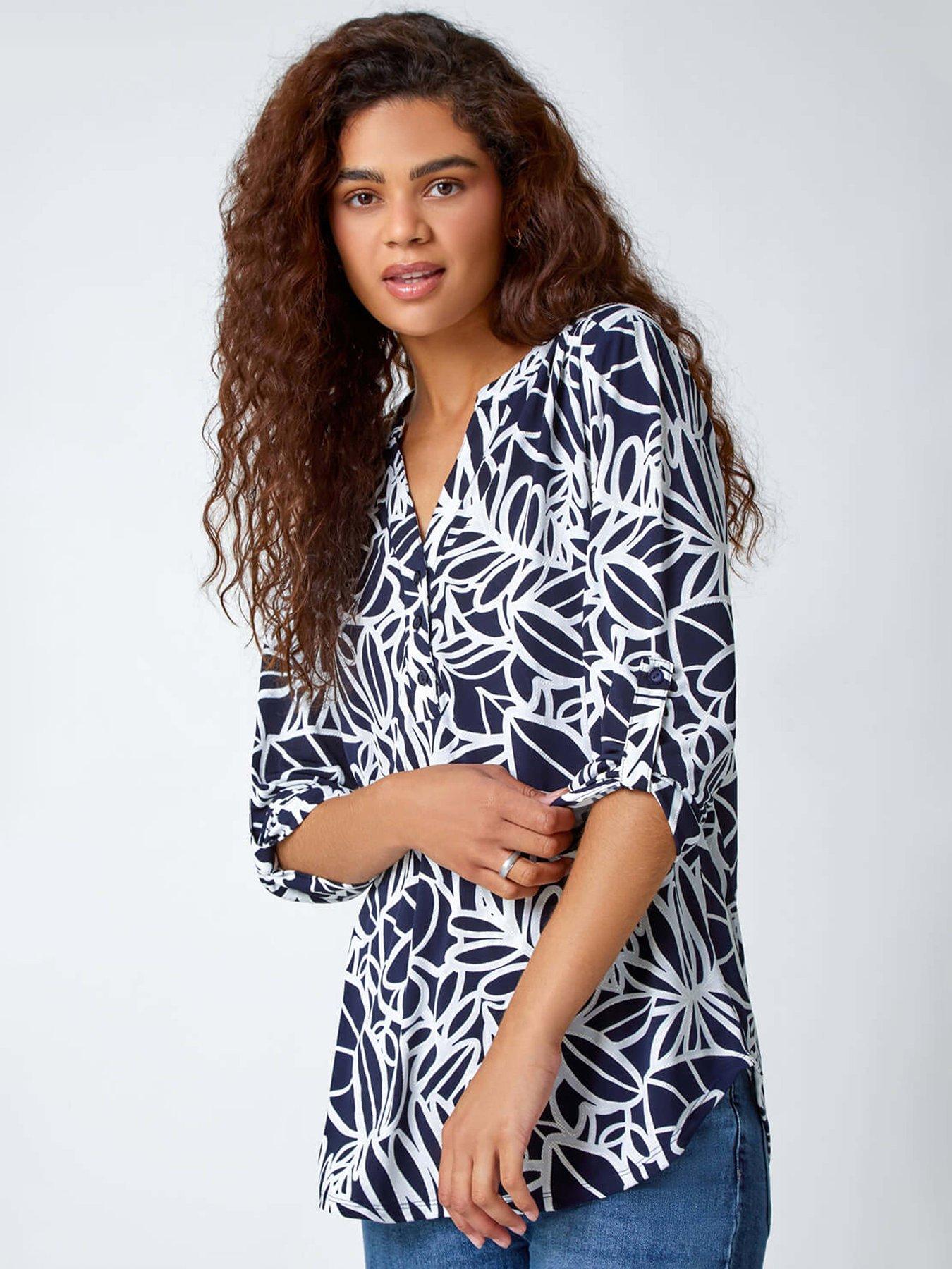 roman-textured-floral-print-stretch-top-navy