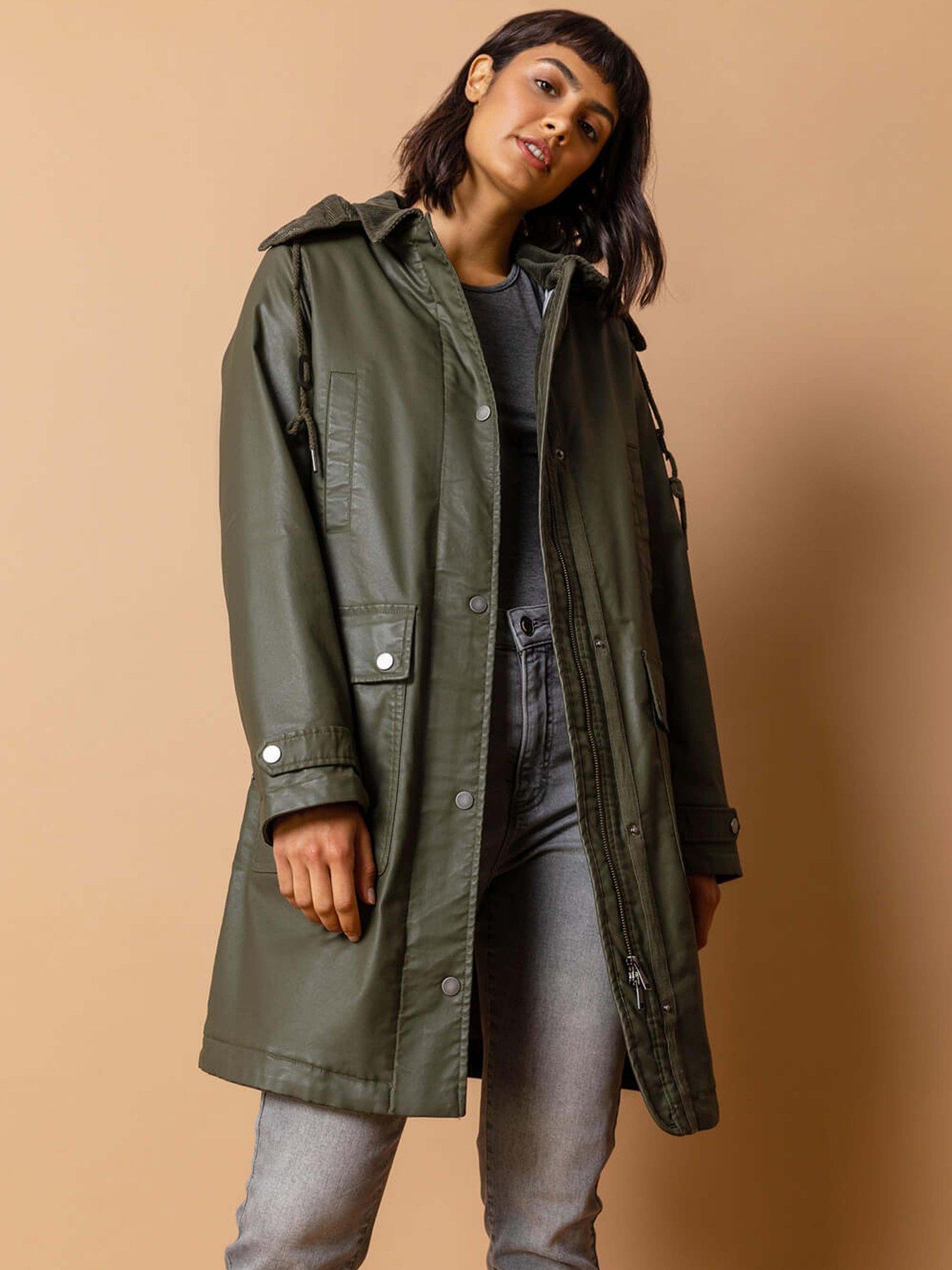 undefined Waxed Longline Hooded Coat - Khaki
