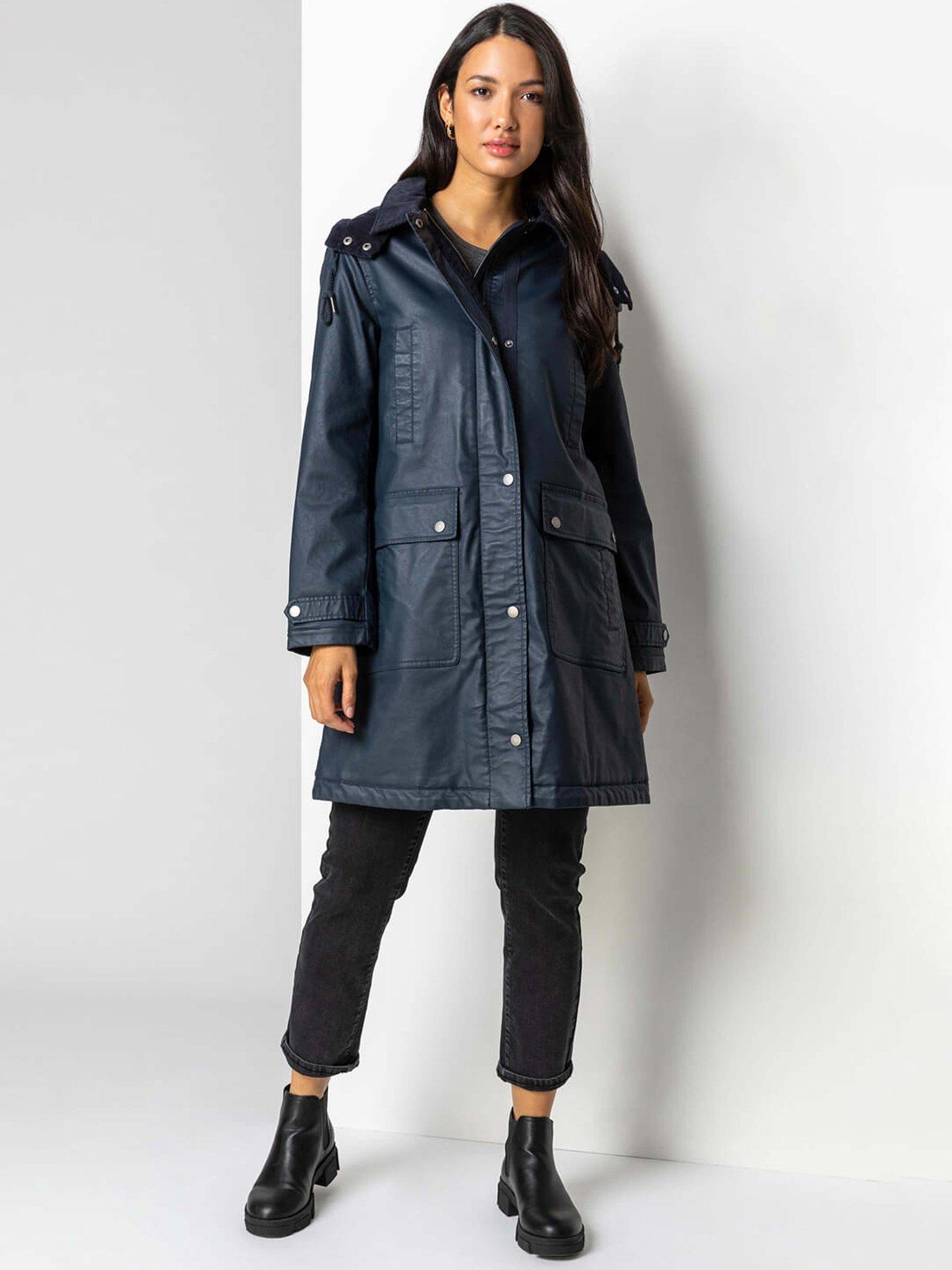 undefined Waxed Longline Hooded Coat - Navy