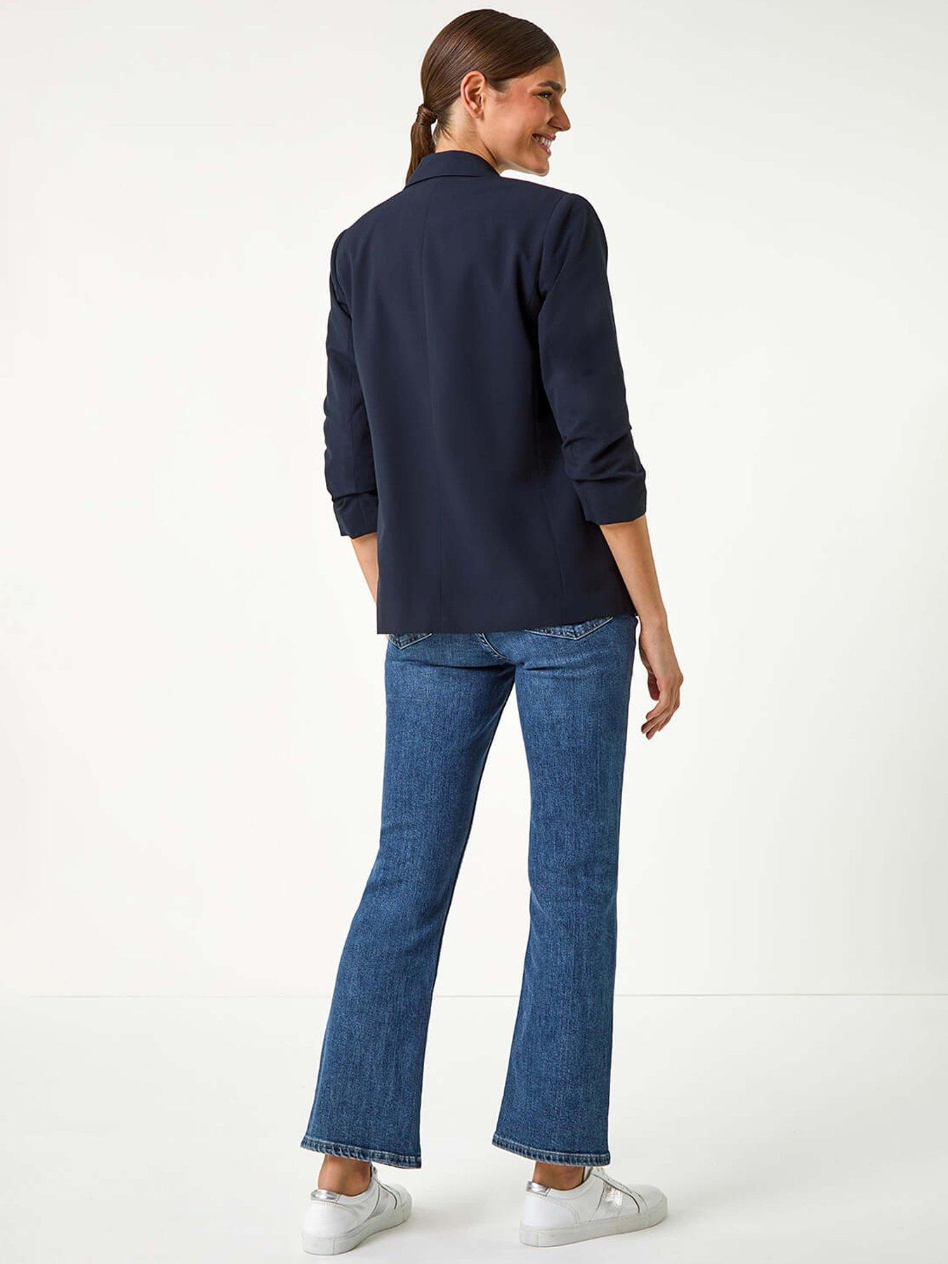Image 2 of 4 of Roman Ruched 3/4 Sleeve Stretch Blazer - Navy