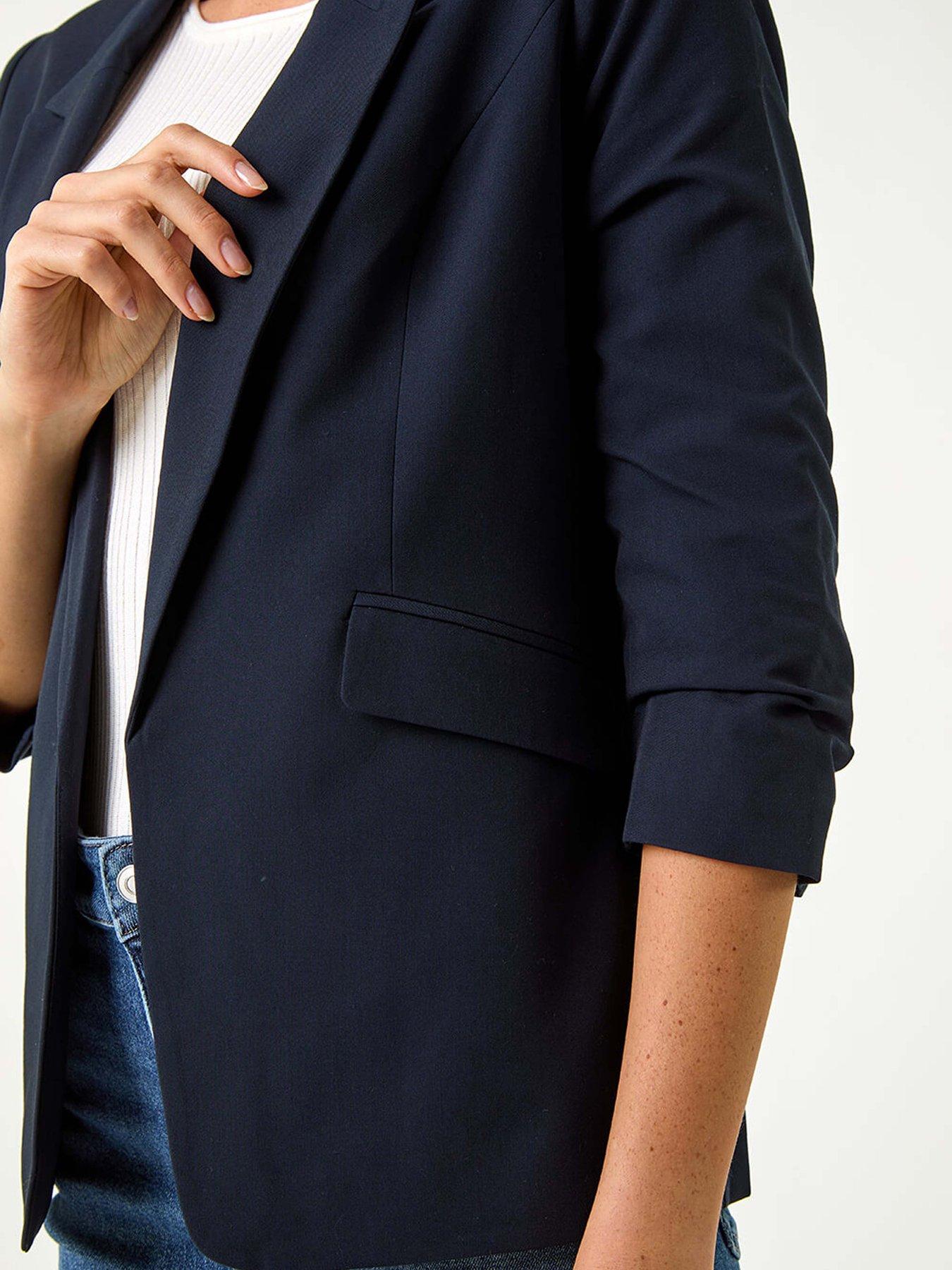 Image 4 of 4 of Roman Ruched 3/4 Sleeve Stretch Blazer - Navy