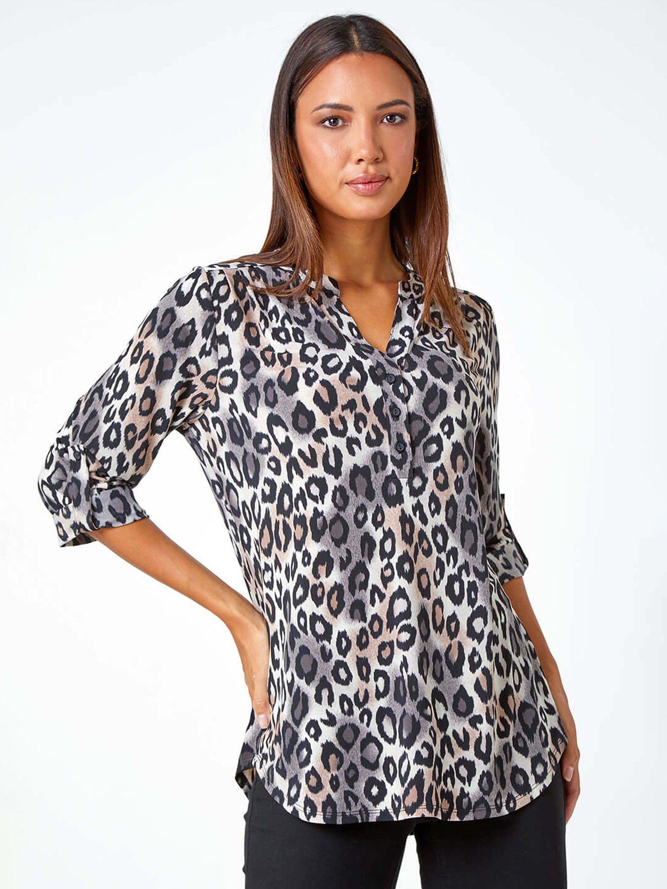  image of roman-animal-print-stretch-blouse-taupe