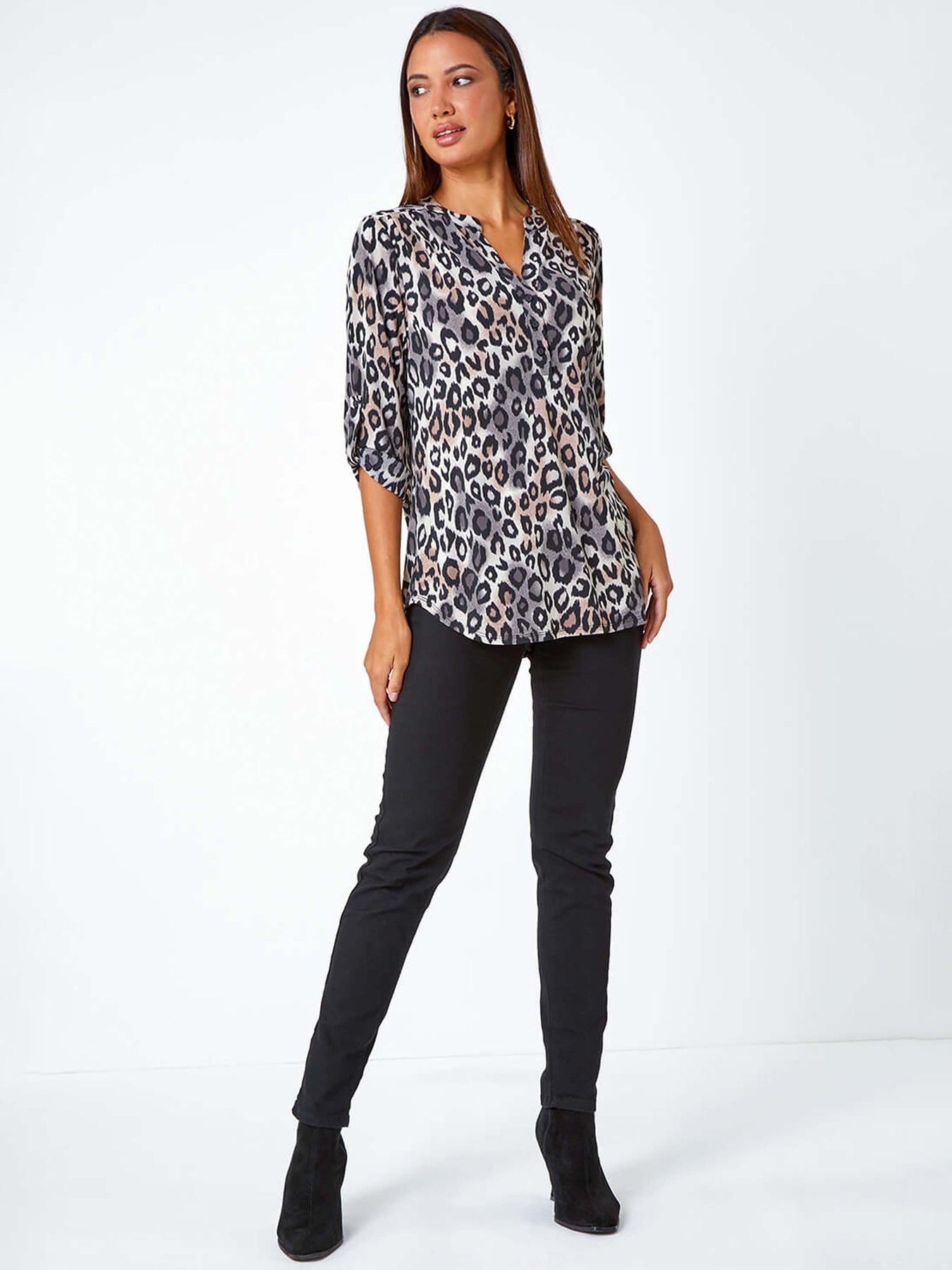  image of roman-animal-print-stretch-blouse-taupe