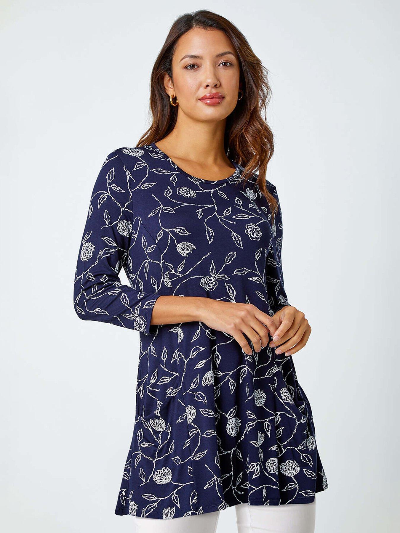 roman-floral-print-pocket-swing-stretch-top-navy