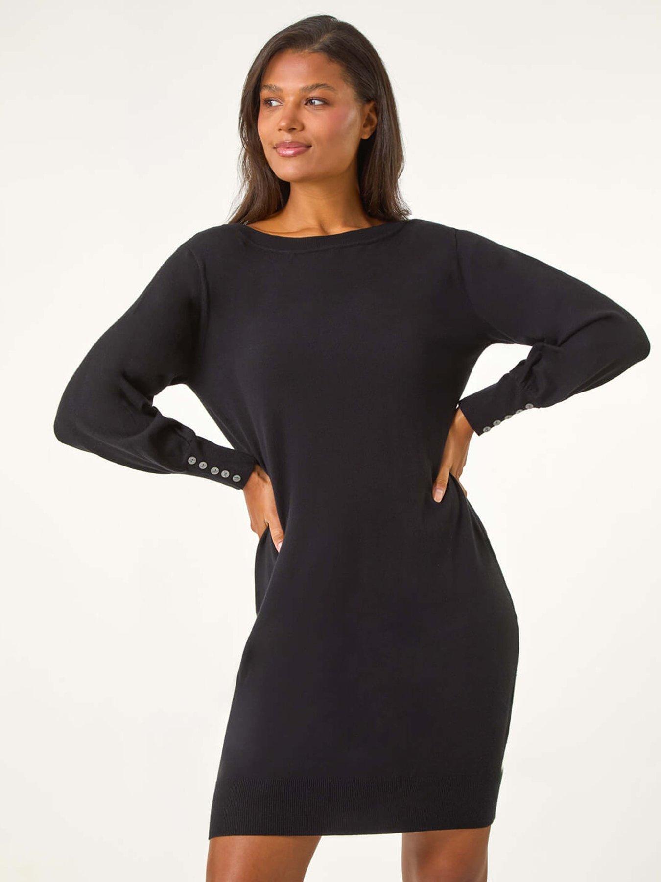 undefined Button Detail Slash Neck Knitted Stretch Dress - Black