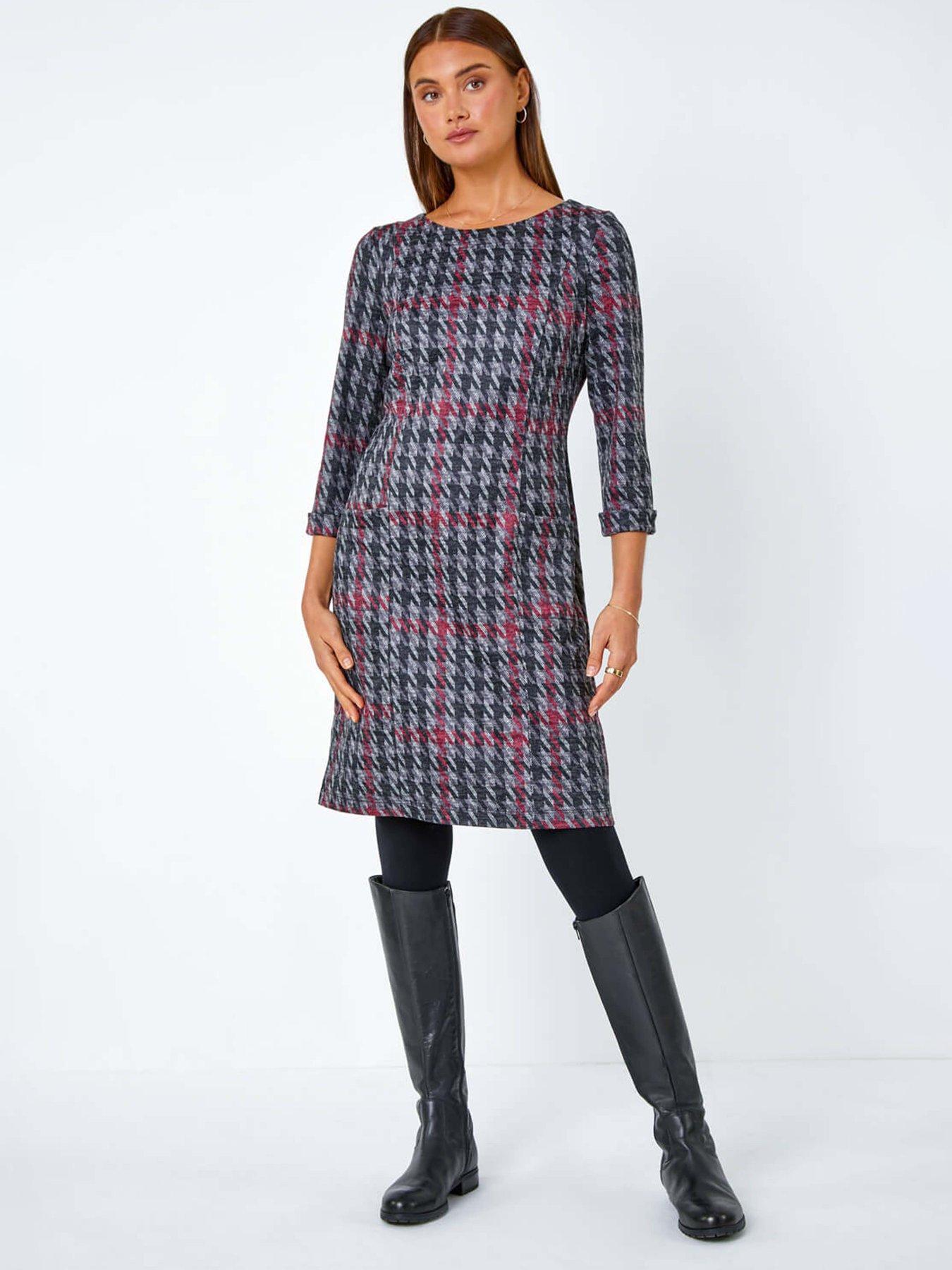 undefined Houndstooth Pocket Shift Stretch Dress - Red