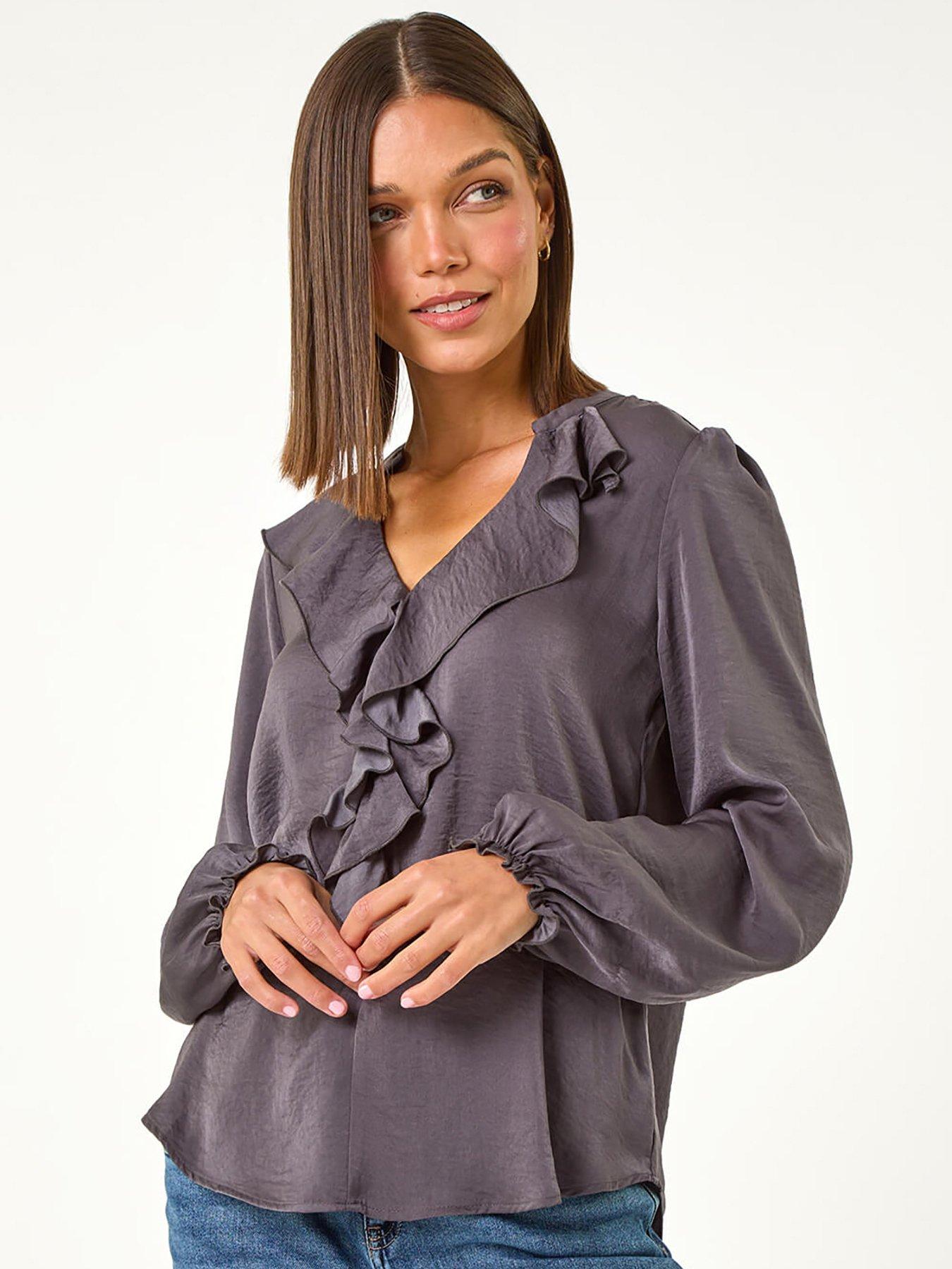 undefined Satin Ruffle Neck Blouse  - Grey