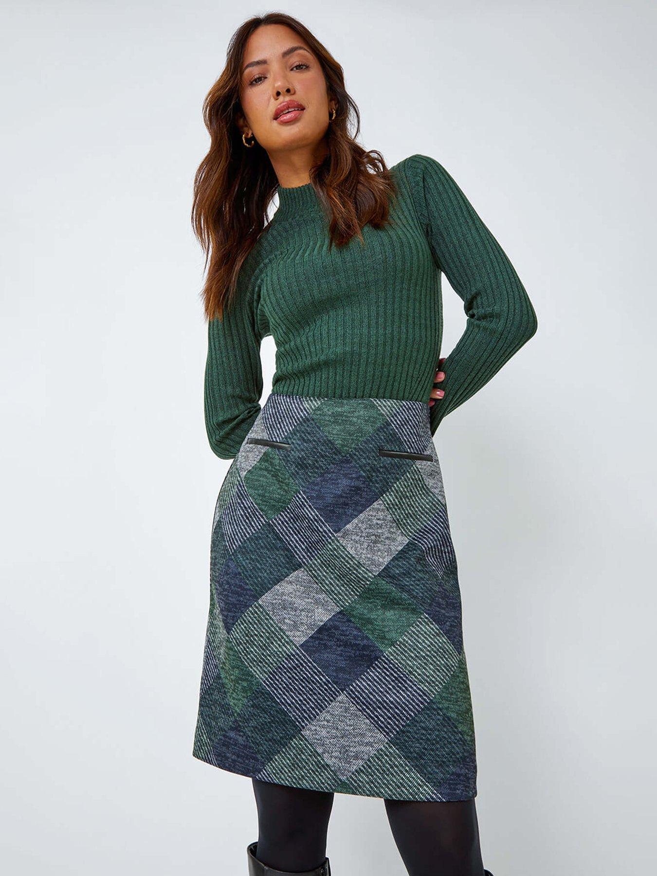roman-check-print-pocket-stretch-a-line-skirt-green