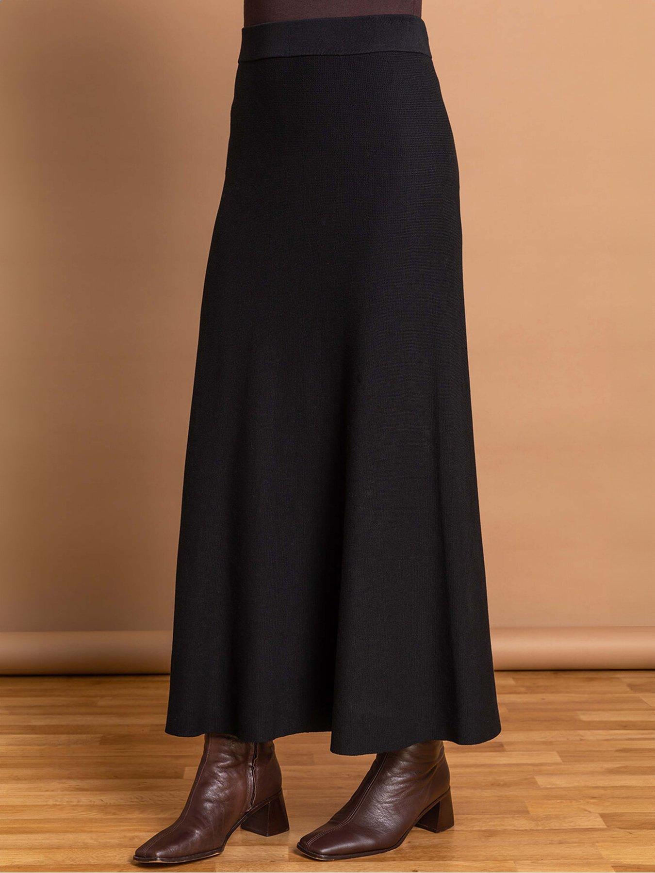 Image 1 of 3 of Roman Plain Knitted A Line Midi Skirt - Black