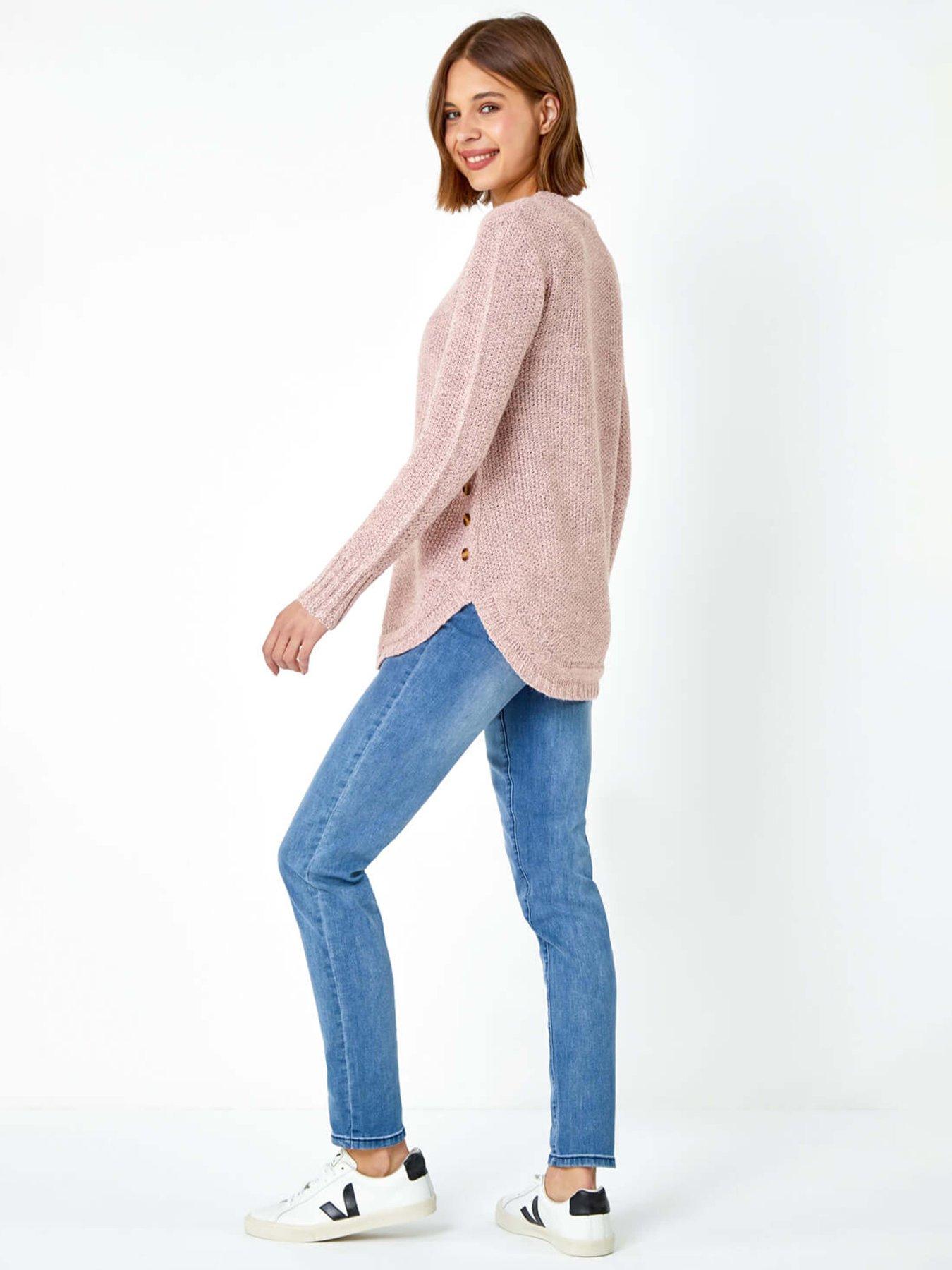 Image 2 of 5 of Roman Button Detail Curved Hem Jumper - Light Pink