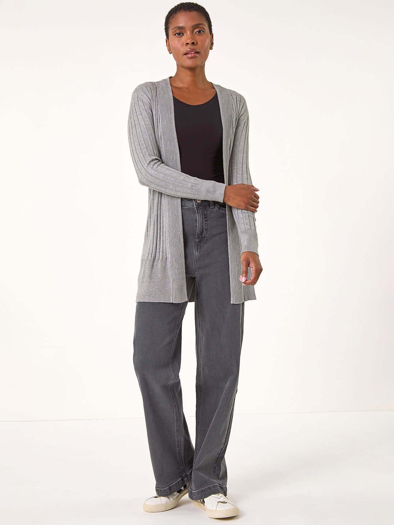 Image 3 of 5 of Roman Longline Stretch Ribbed Cardigan - Light Grey