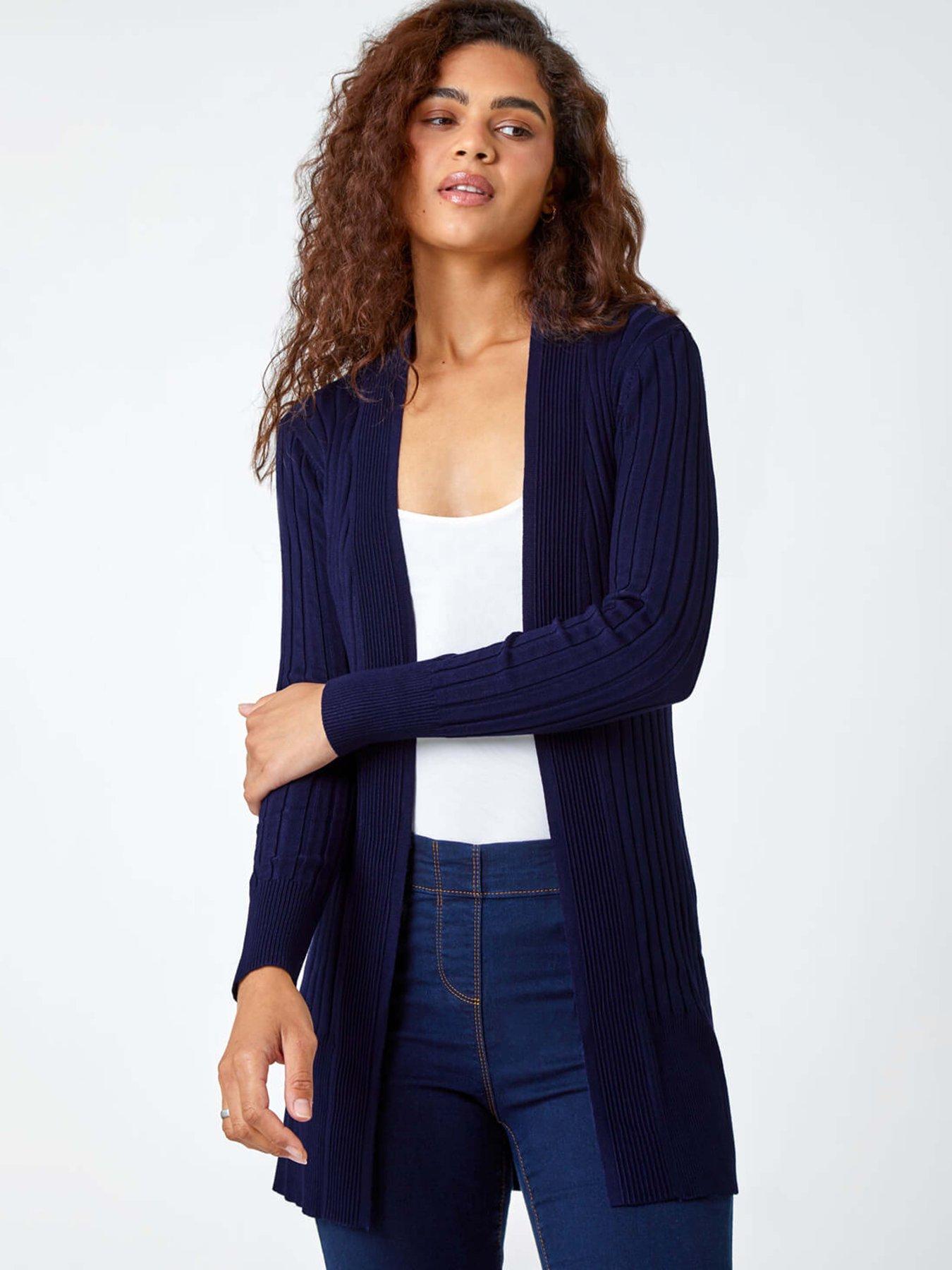 Image 1 of 5 of Roman Longline Stretch Ribbed Cardigan - Midnight Blue
