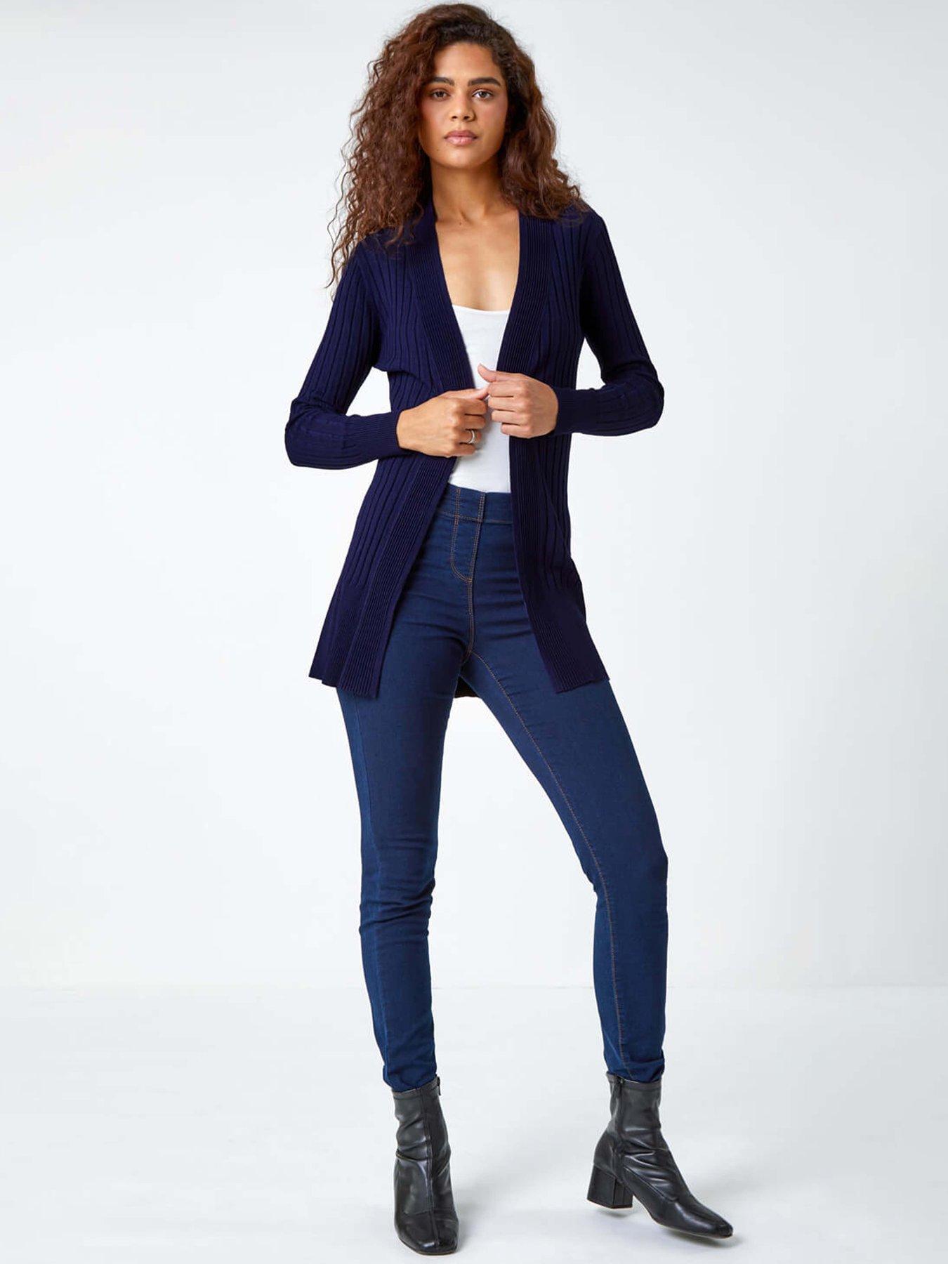 Image 3 of 5 of Roman Longline Stretch Ribbed Cardigan - Midnight Blue