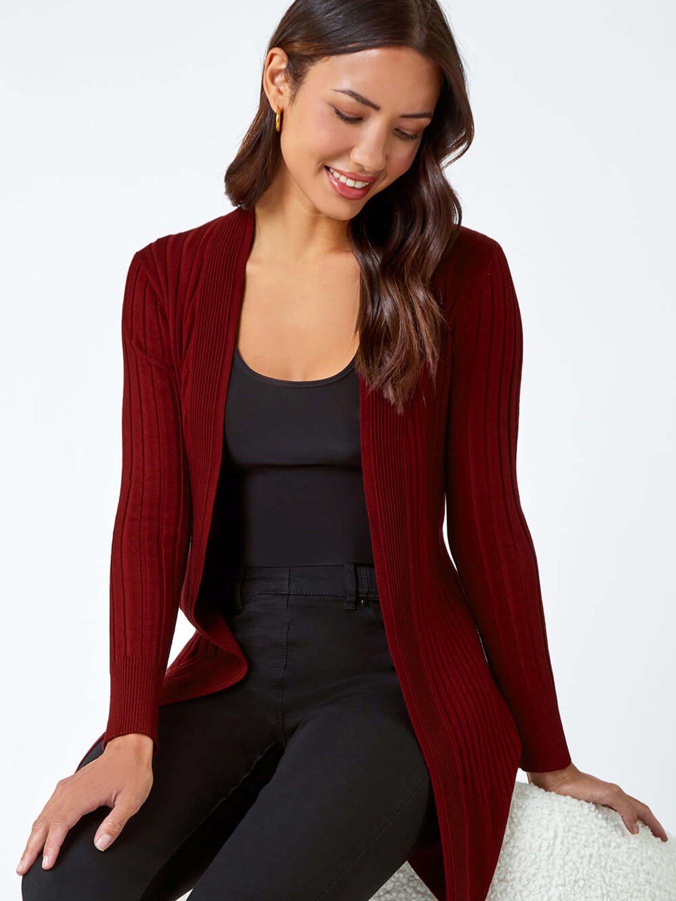 undefined Longline Stretch Ribbed Cardigan - Wine