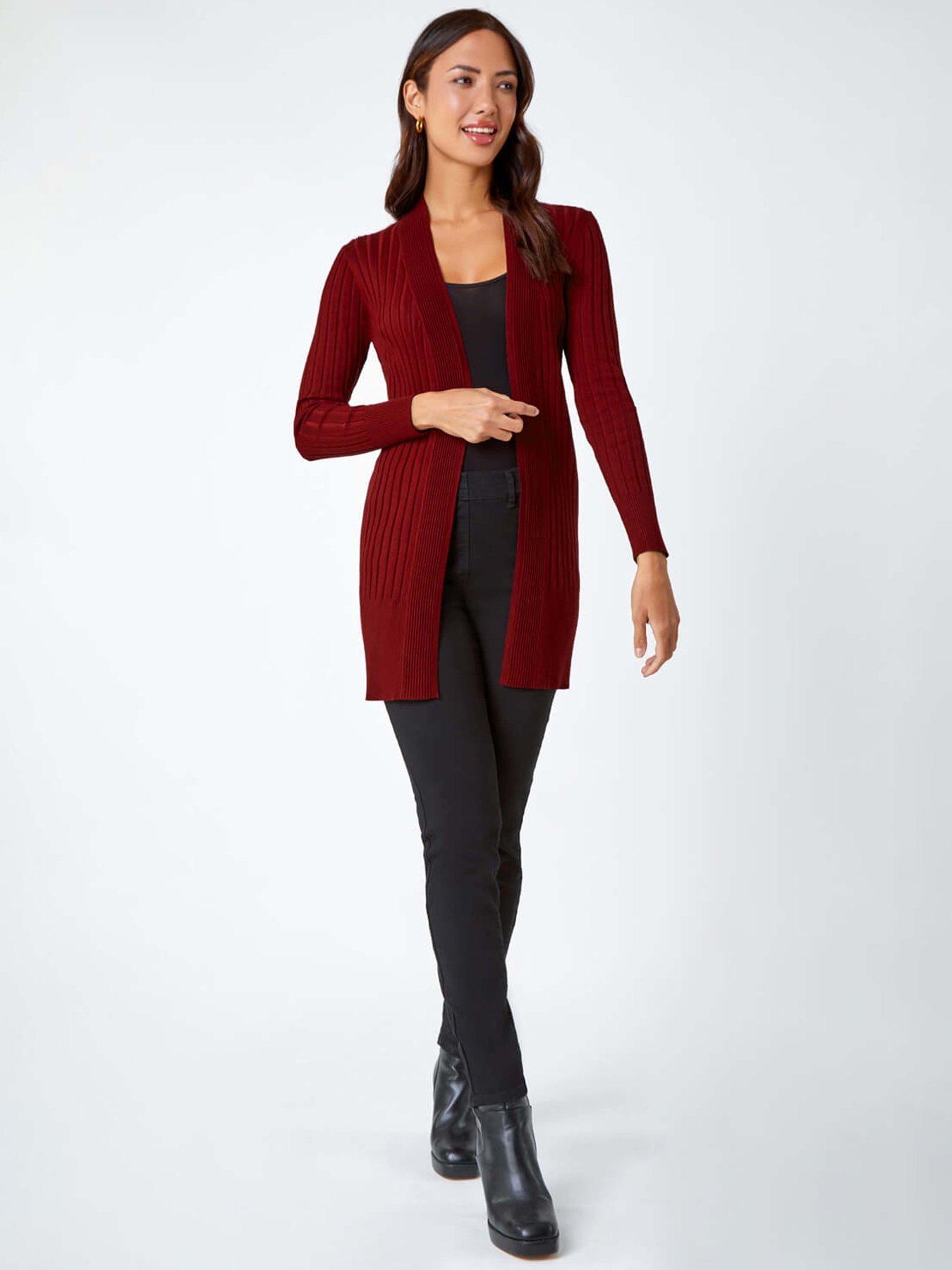 Image 3 of 5 of Roman Longline Stretch Ribbed Cardigan - Wine