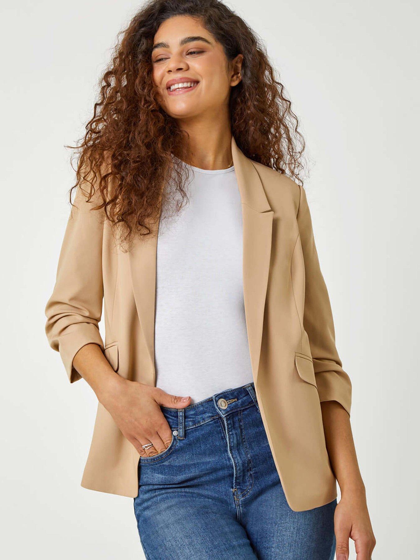 undefined Ruched 3/4 Sleeve Stretch Blazer - Natural