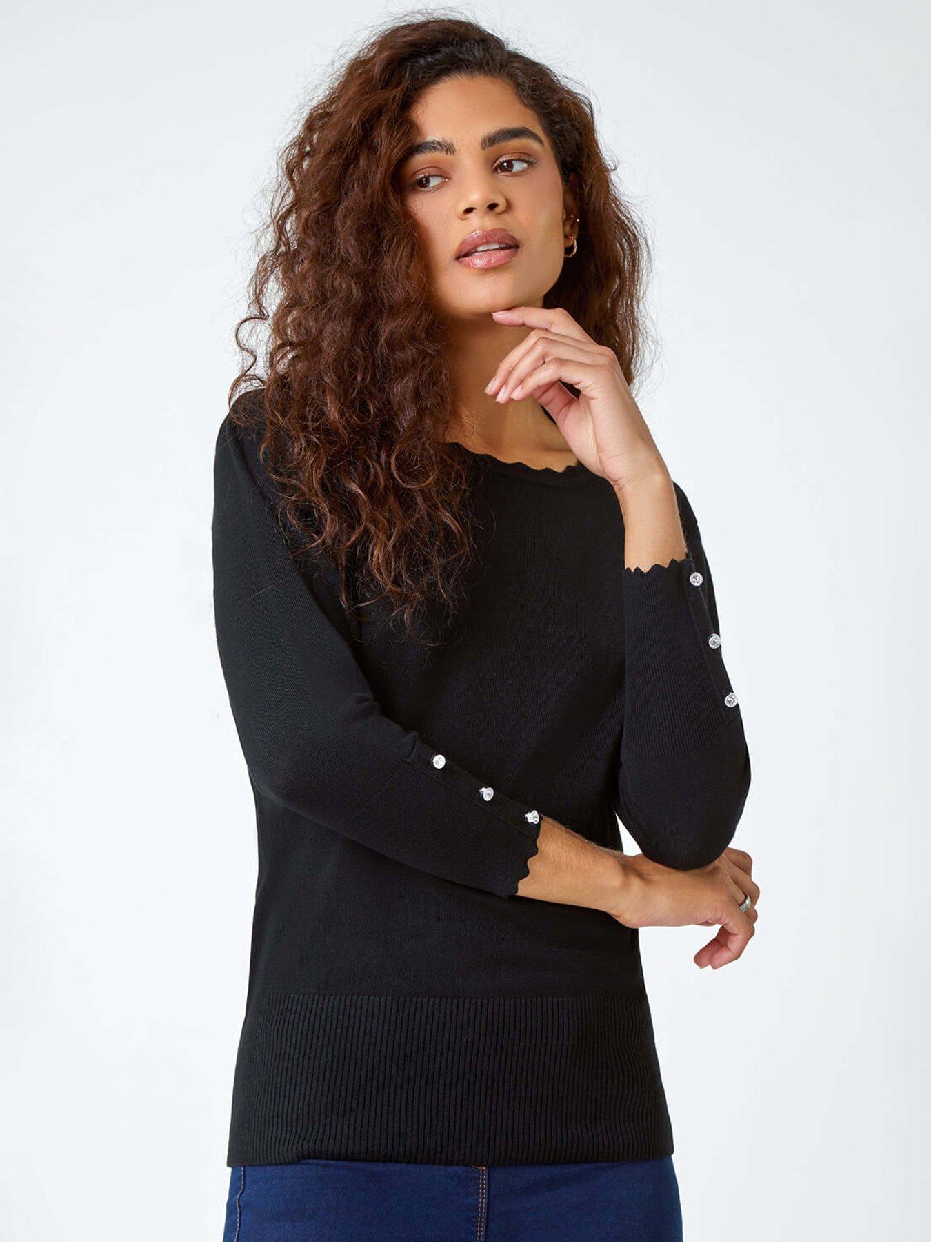 Roman Diamante Button Scallop Edge Jumper - Black