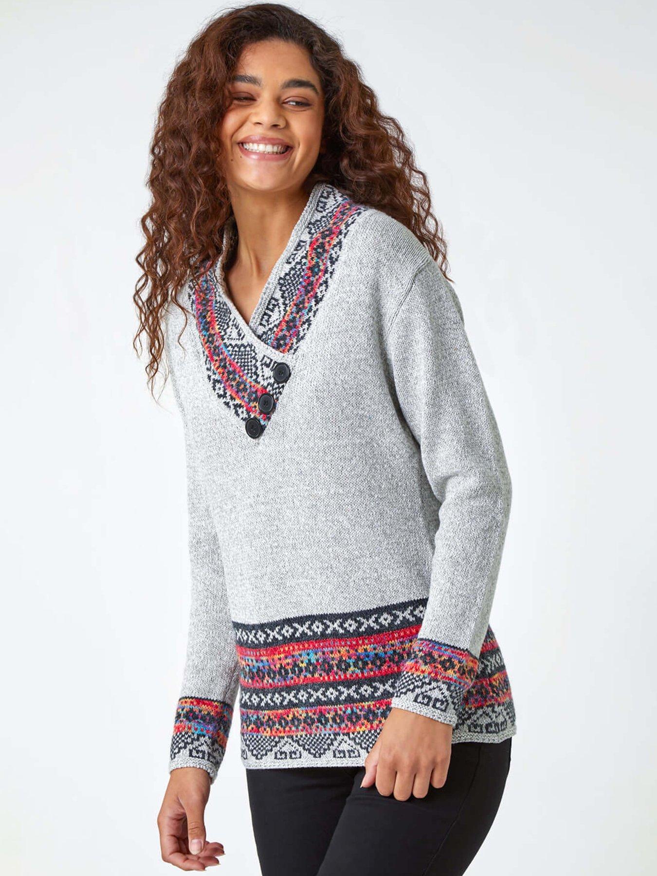 Roman Nordic Print Button Detail V-neck Jumper - Grey