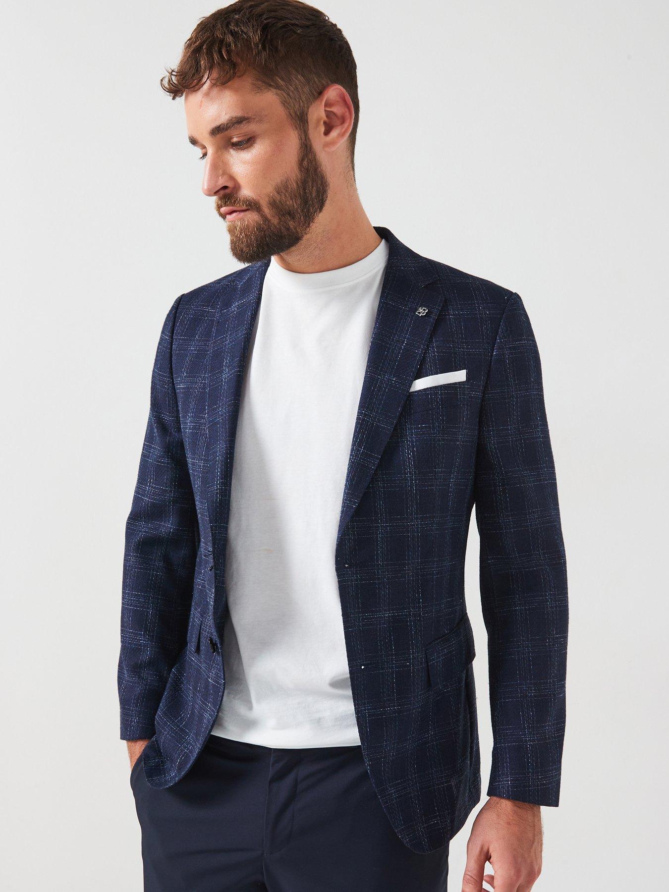 undefined H-hutson-233 Slim Fit Windowpane Check Blazer - Navy