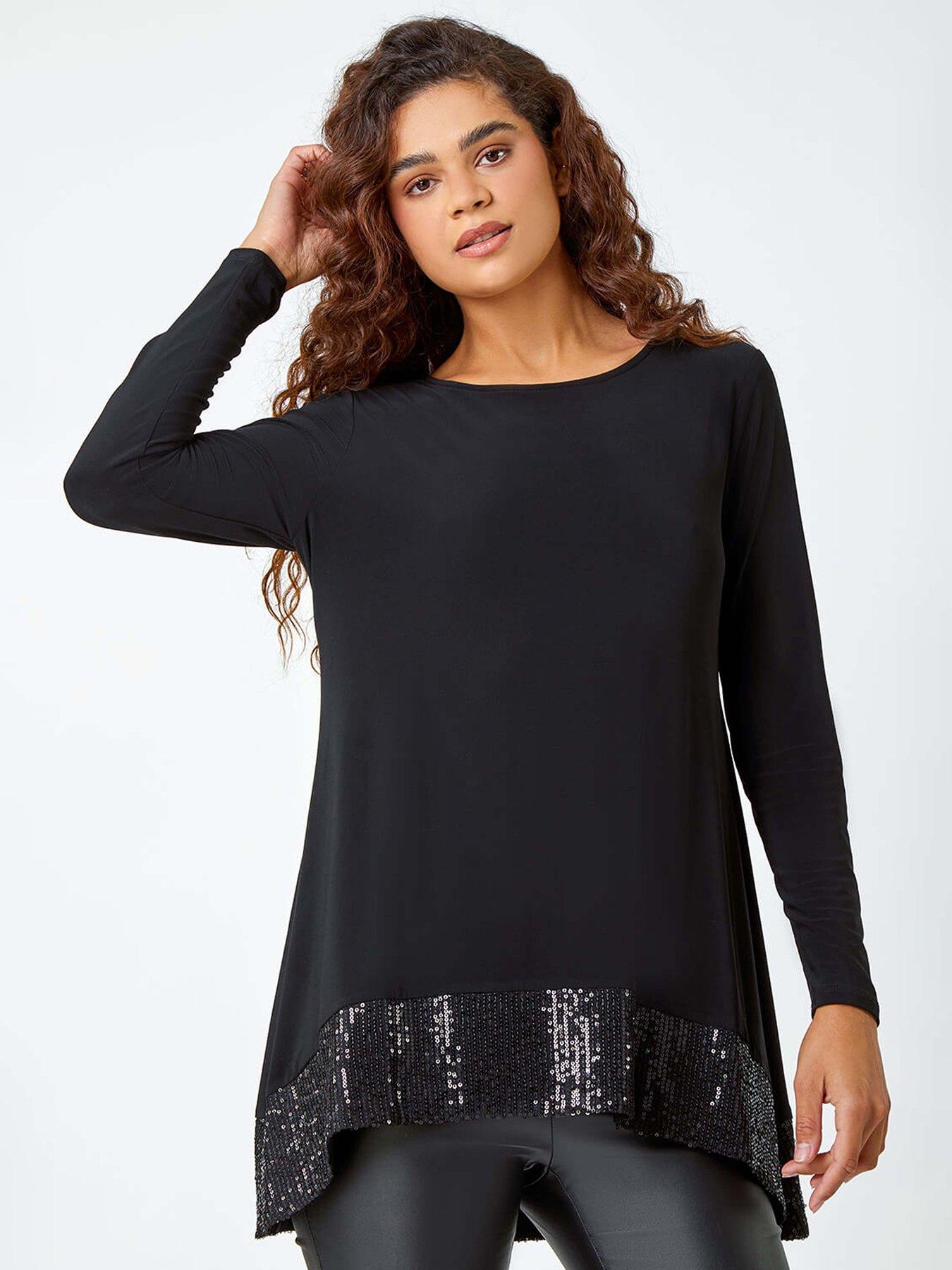 Roman Sequin Hem Stretch Tunic Top - Black