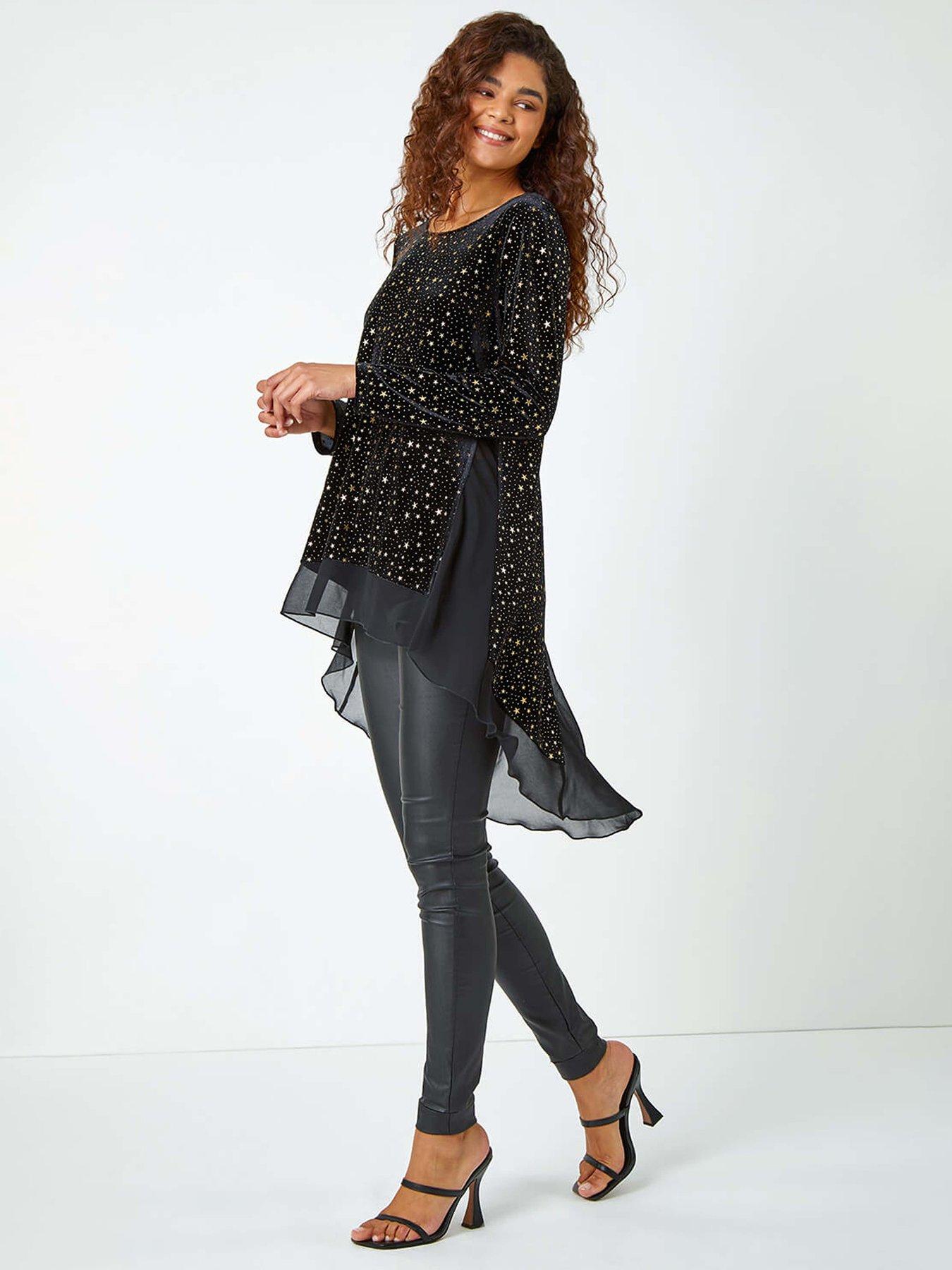 roman-star-print-velvet-chiffon-hem-top-gold
