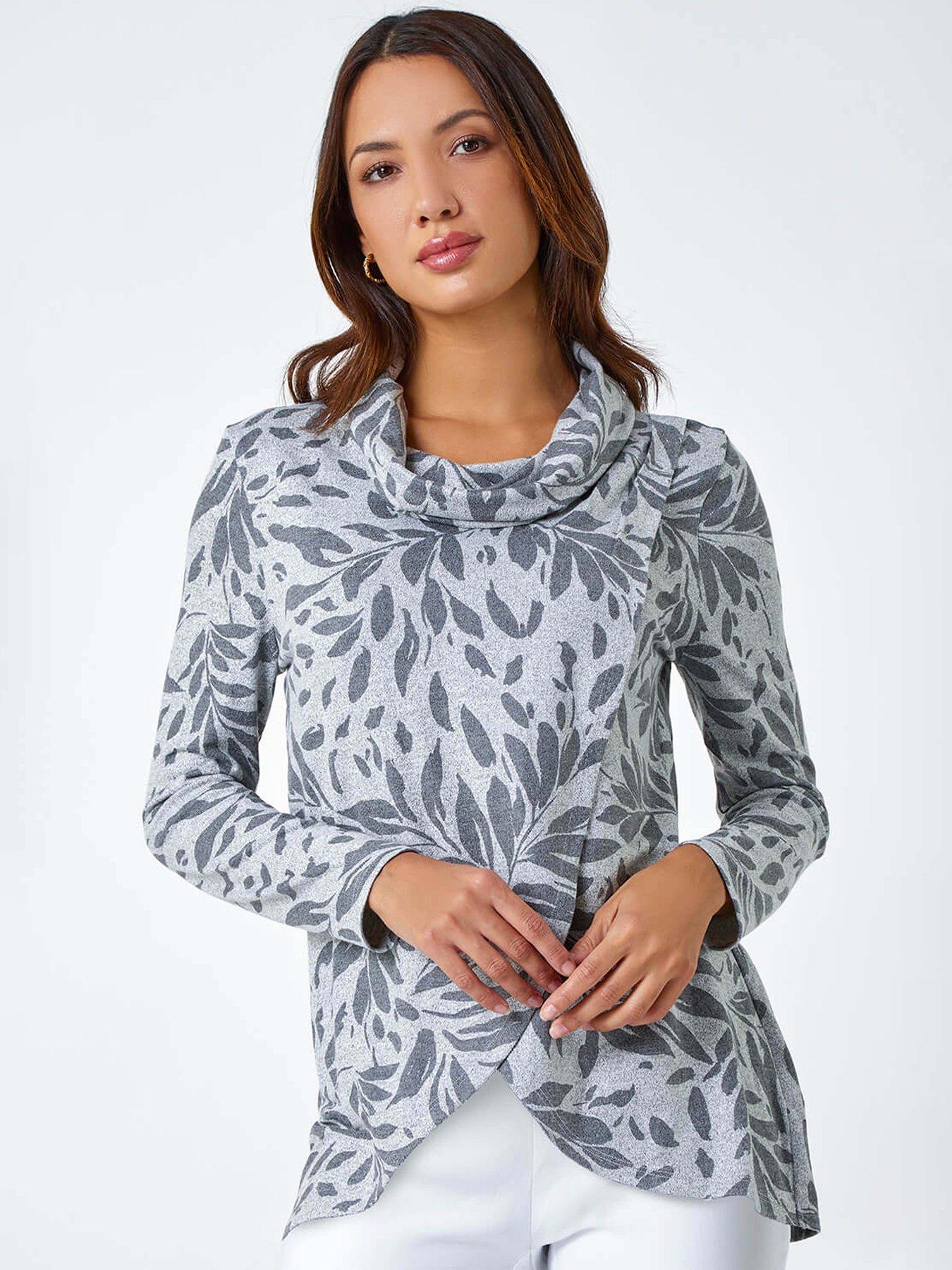Roman Floral Print Cowl Neck Stretch Top - Grey