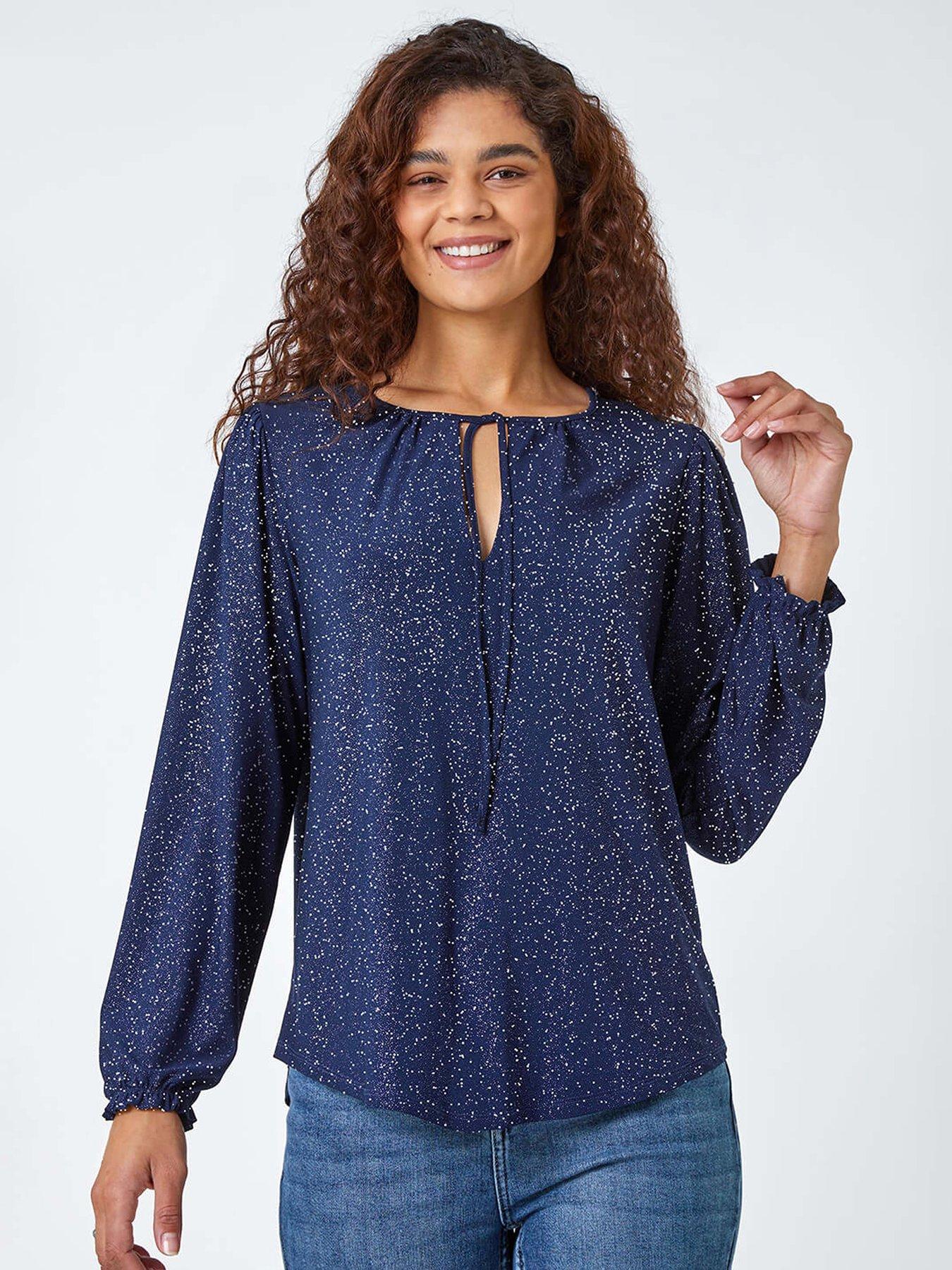 Roman Tie Neck Glitter Stretch Top - Midnight Blue
