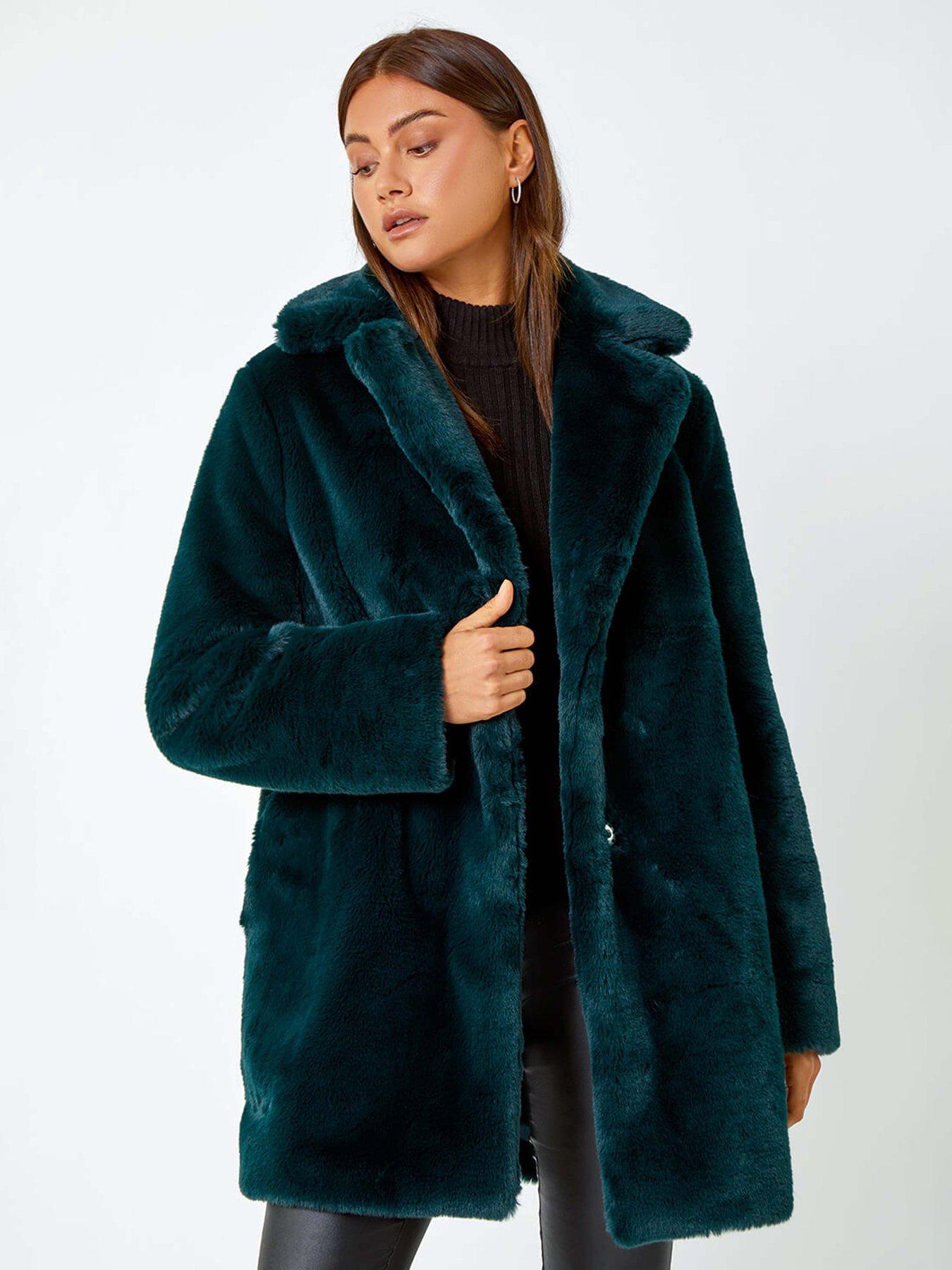 undefined Faux Fur Longline Coat - Emerald