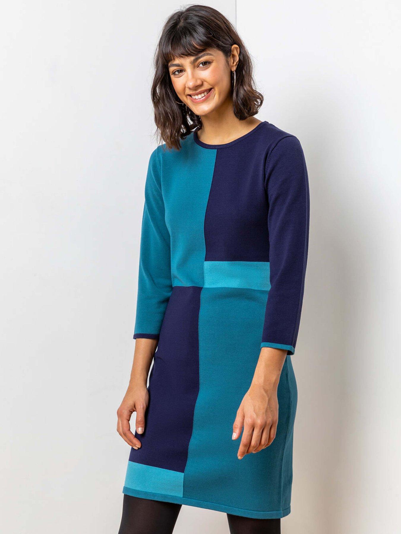 Roman Colour Block Knitted Dress - Blue