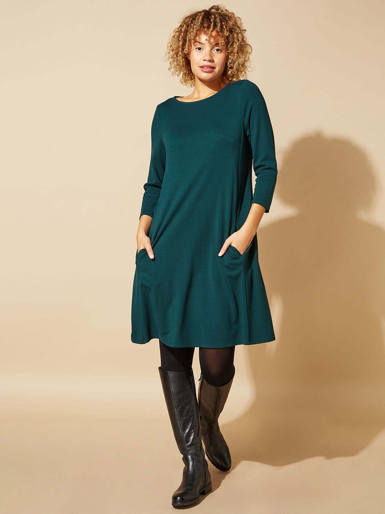 Image 1 of 5 of Roman A-line Pocket Detail Swing Dress - Forest Green