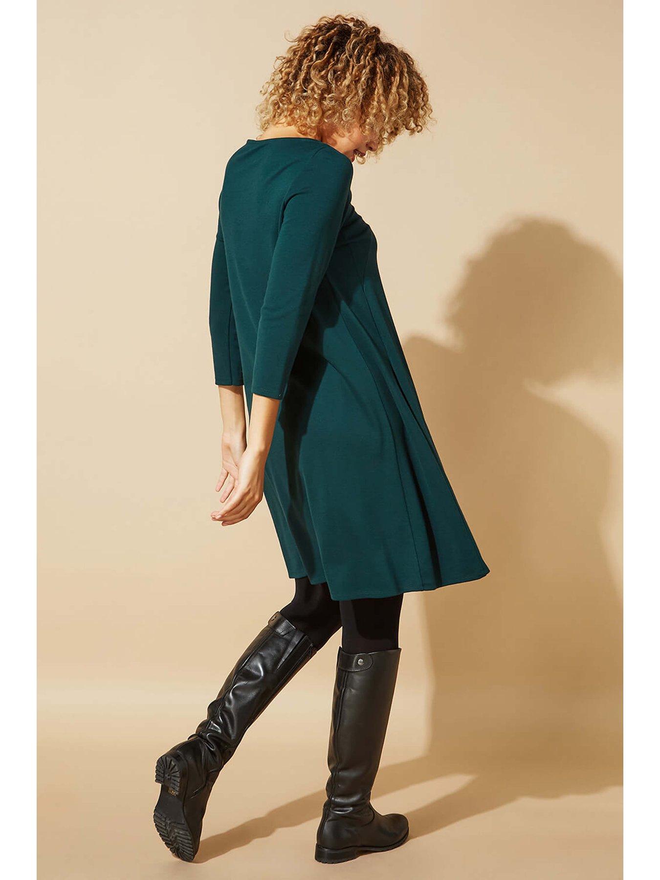 Image 2 of 5 of Roman A-line Pocket Detail Swing Dress - Forest Green