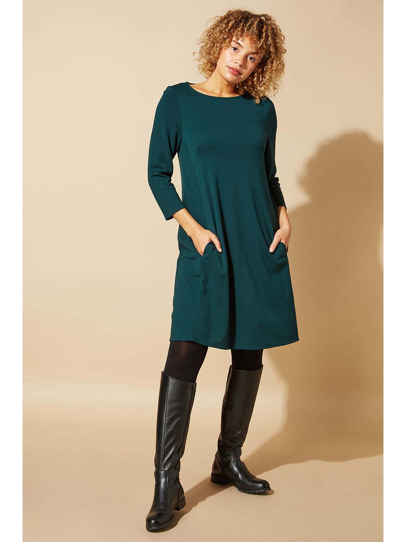 Image 3 of 5 of Roman A-line Pocket Detail Swing Dress - Forest Green