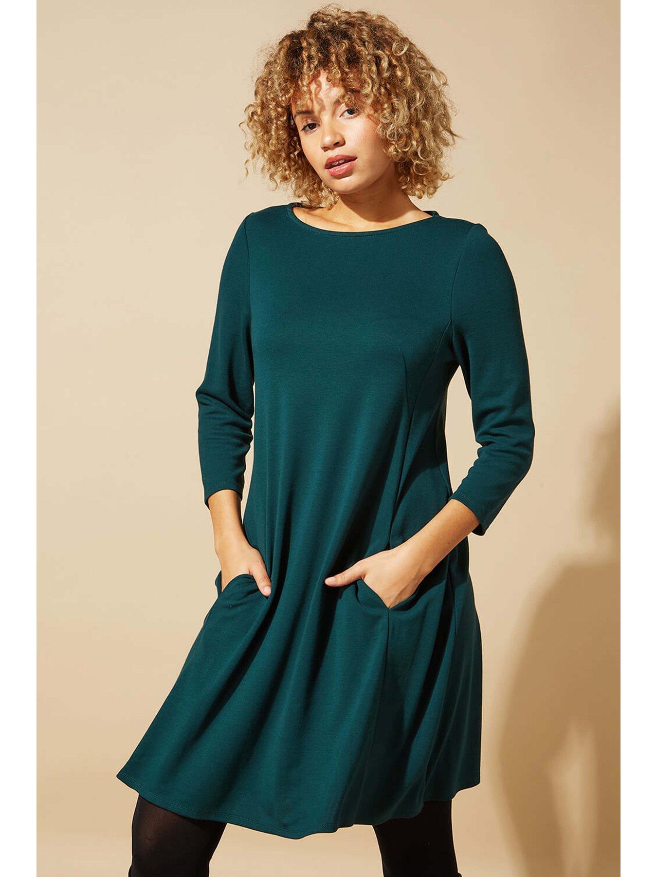 Image 4 of 5 of Roman A-line Pocket Detail Swing Dress - Forest Green