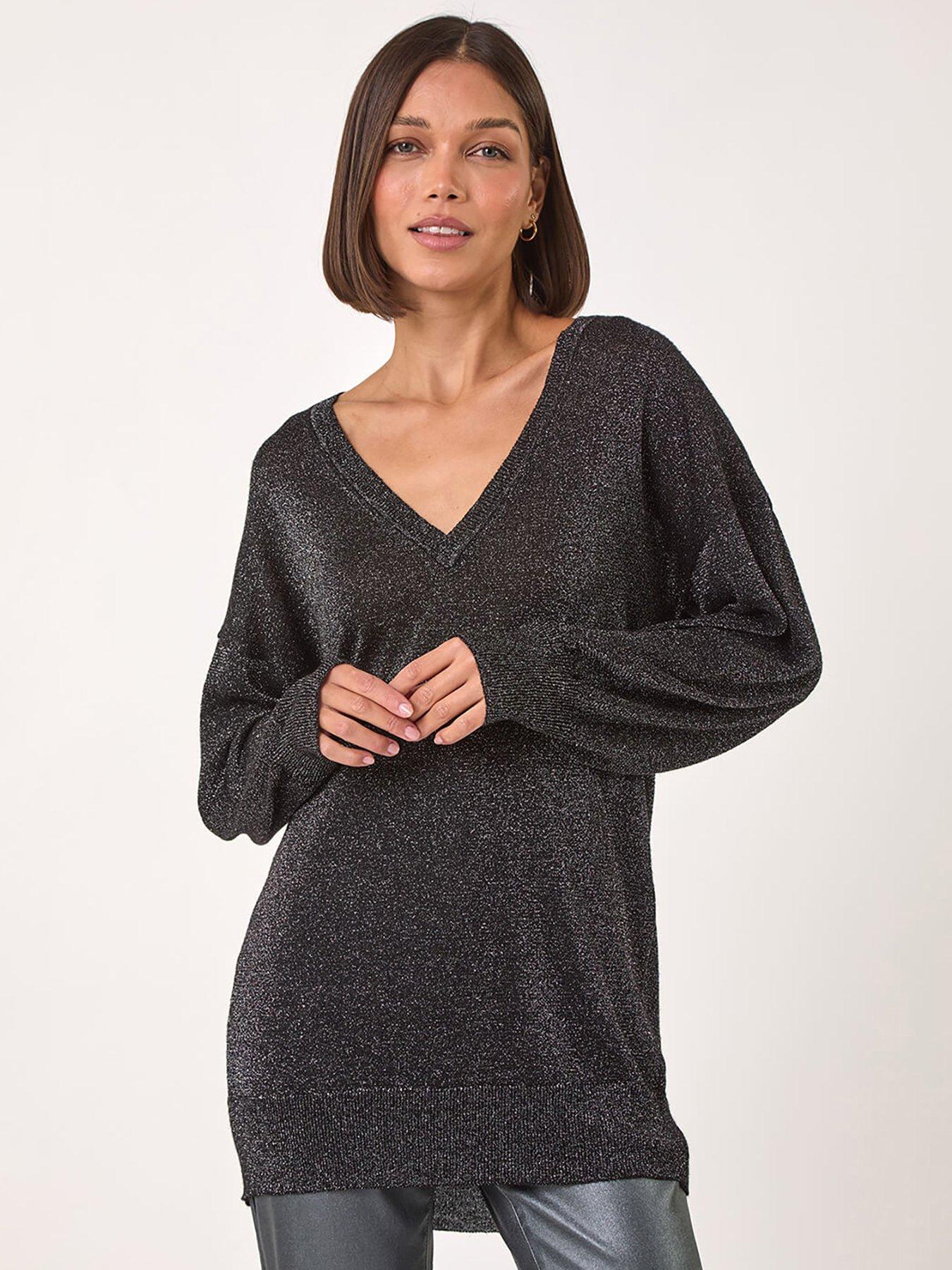 Roman Relaxed Stretch Shimmer V-neck Jumper - Black