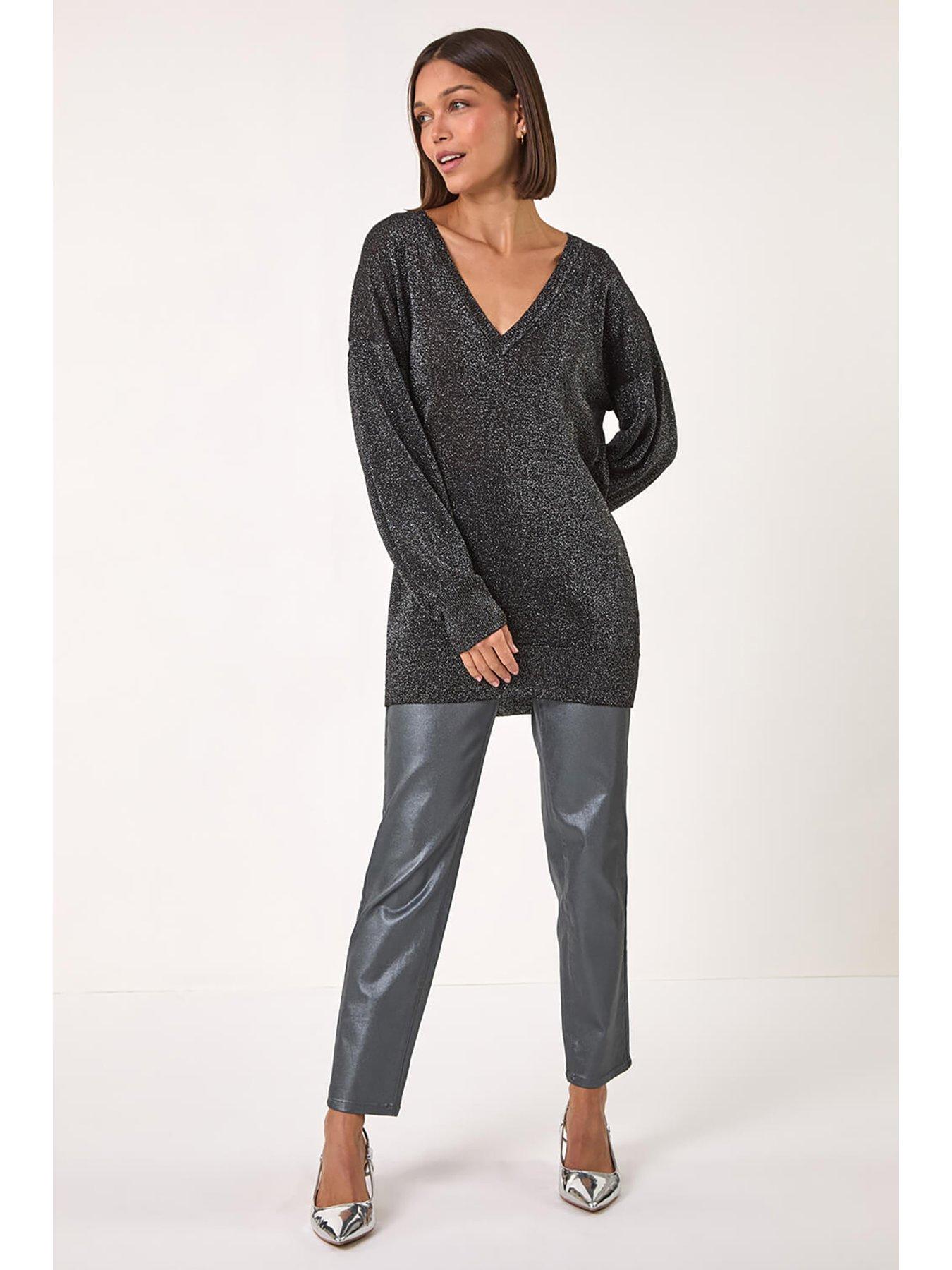  image of roman-relaxed-stretch-shimmer-v-neck-jumper-black