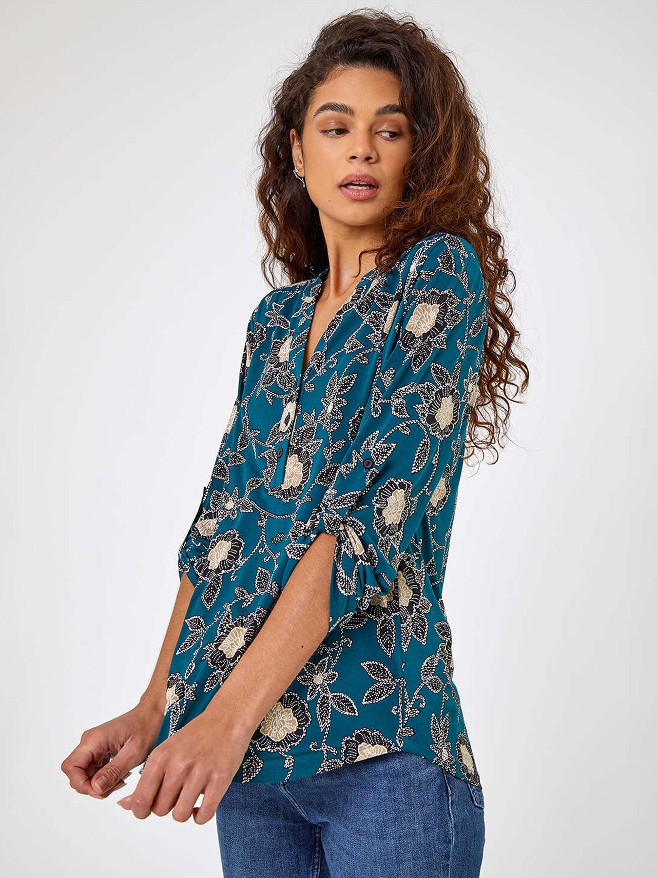 roman-textured-floral-print-notch-neck-top-green