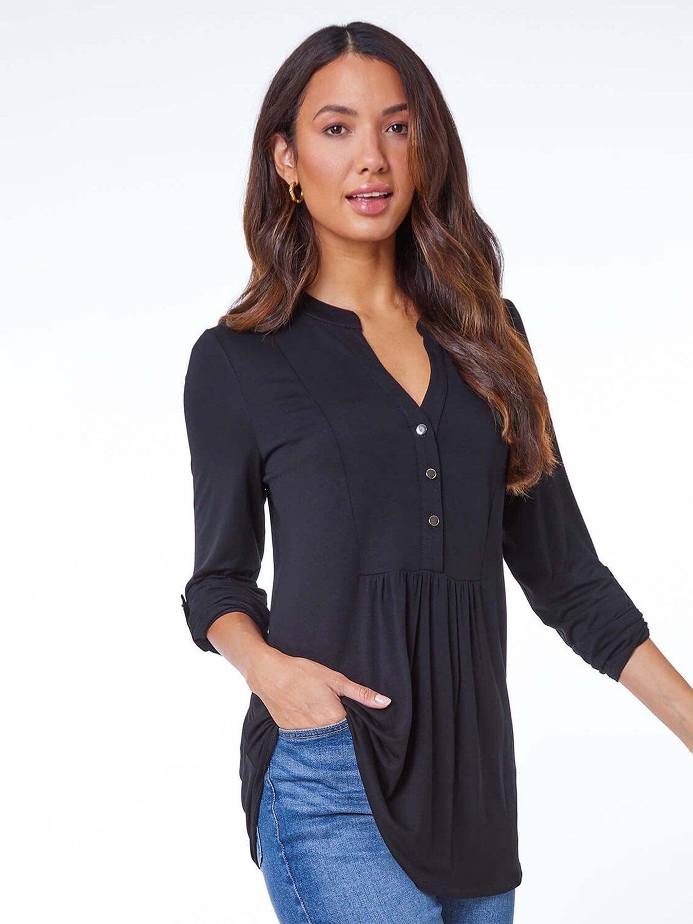 undefined Plain V-neck Button Detail Tunic Top - Black