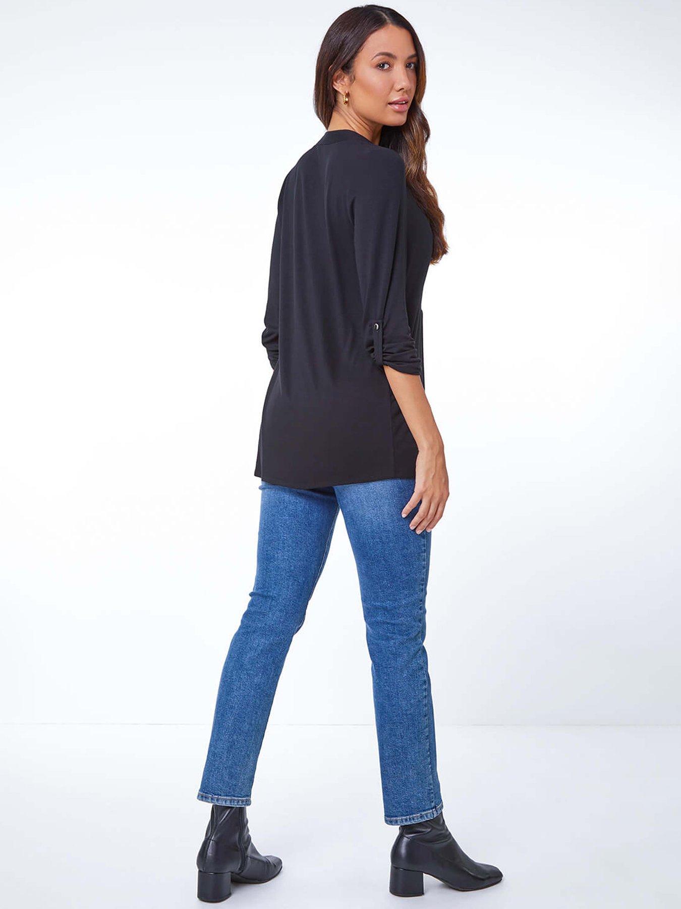 Image 2 of 5 of Roman Plain V-neck Button Detail Tunic Top - Black