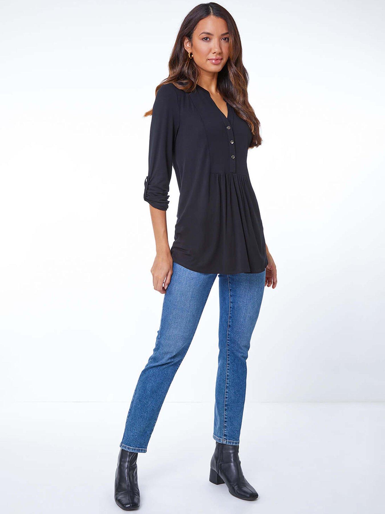 Image 3 of 5 of Roman Plain V-neck Button Detail Tunic Top - Black