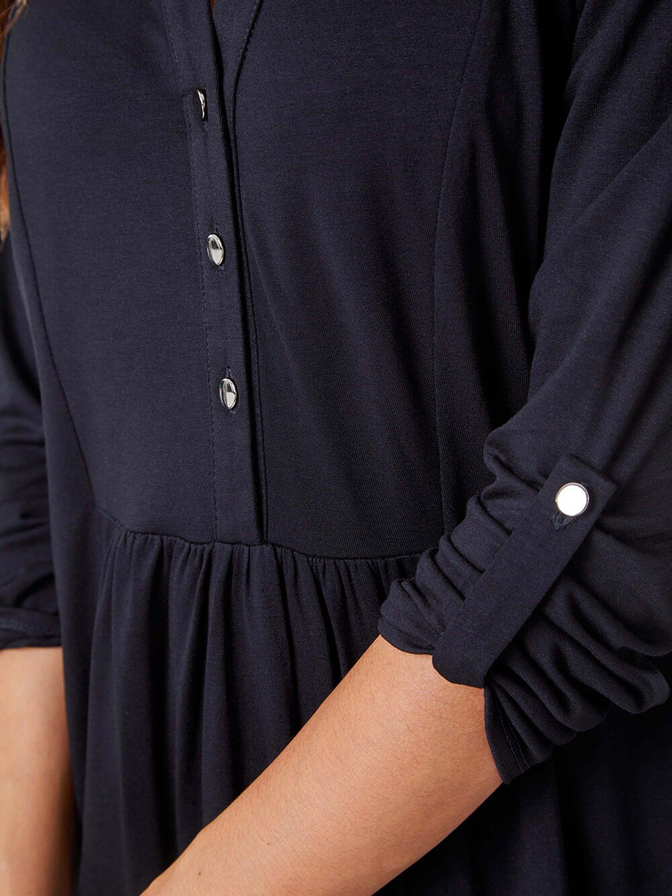 Image 5 of 5 of Roman Plain V-neck Button Detail Tunic Top - Black
