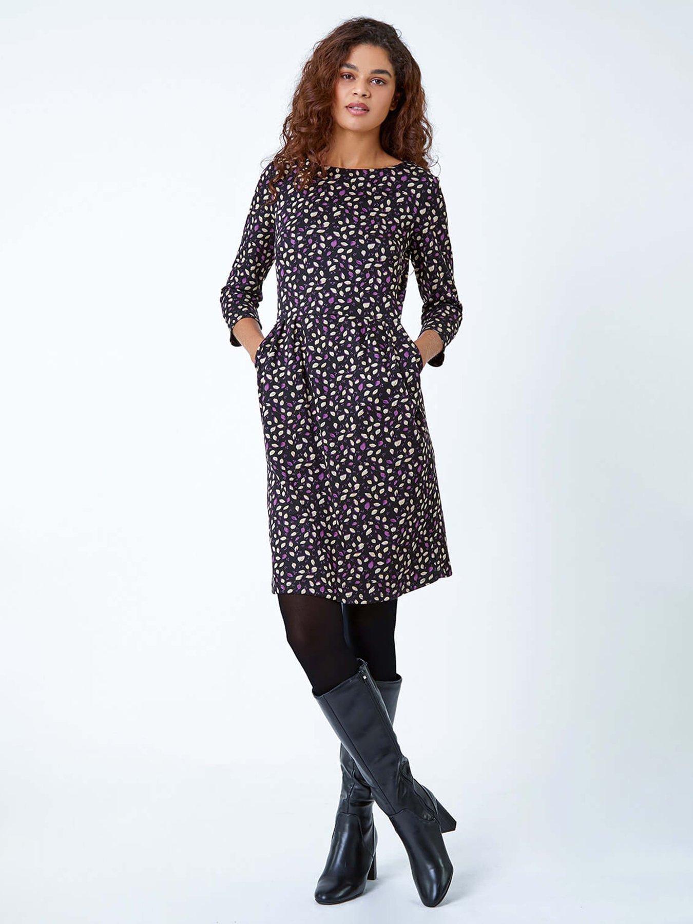 Roman Leaf Print Pleat Detail Shift Dress - Purple