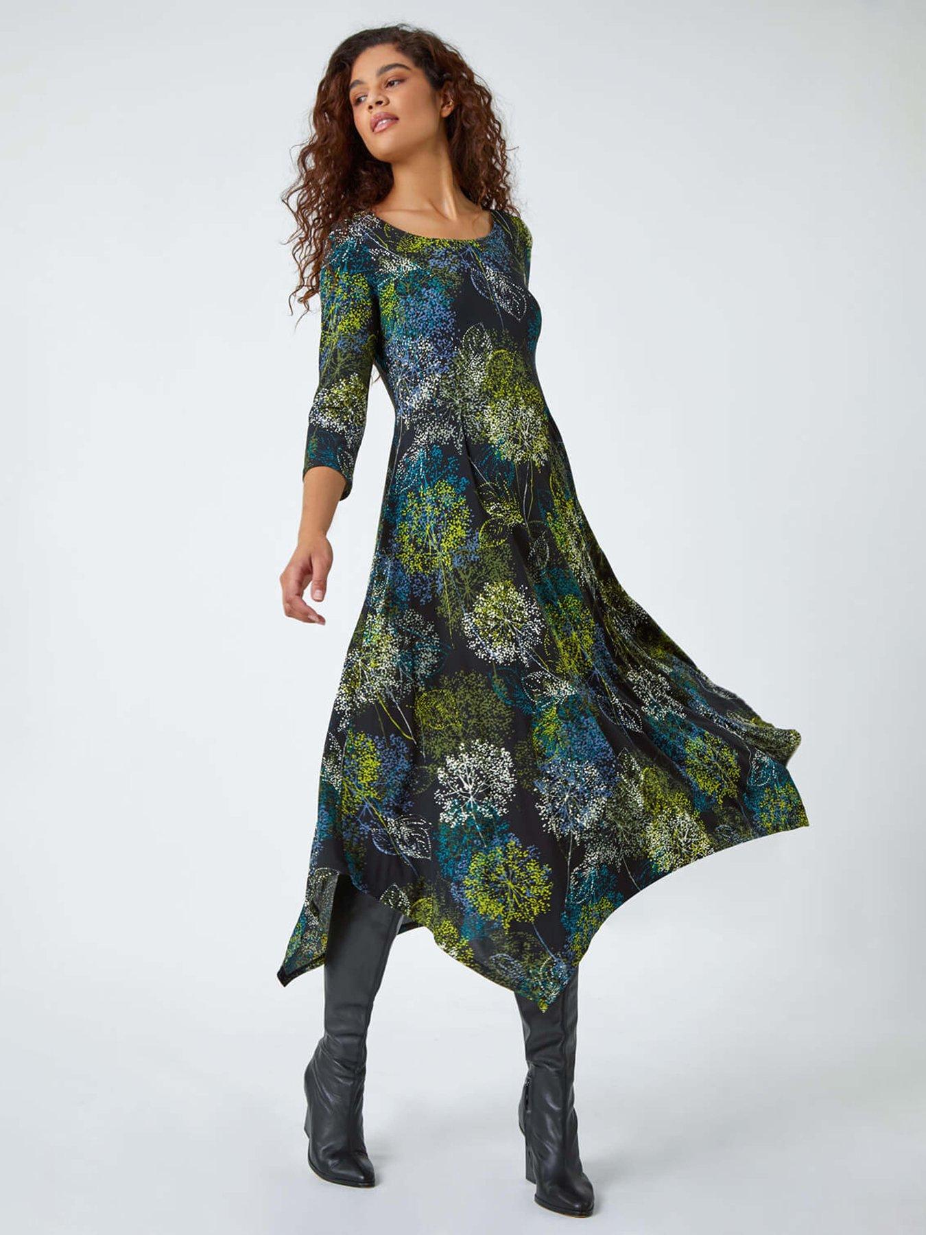 undefined Floral Hanky Hem Stretch Midi Dress - Green