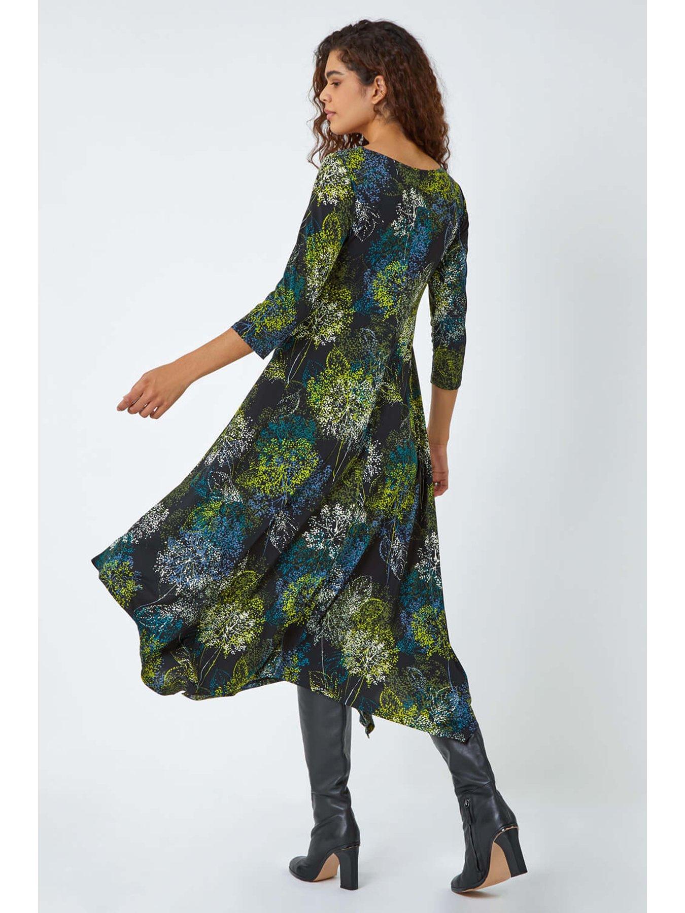 Image 2 of 5 of Roman Floral Hanky Hem Stretch Midi Dress - Green