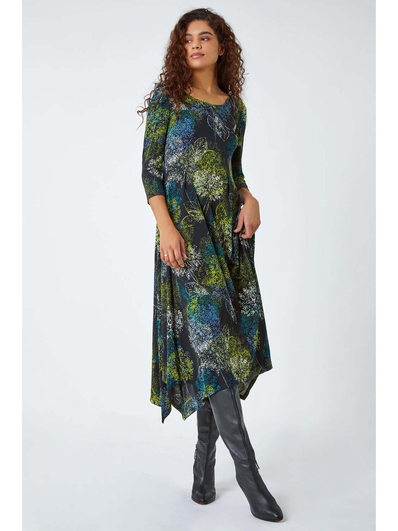 Image 3 of 5 of Roman Floral Hanky Hem Stretch Midi Dress - Green
