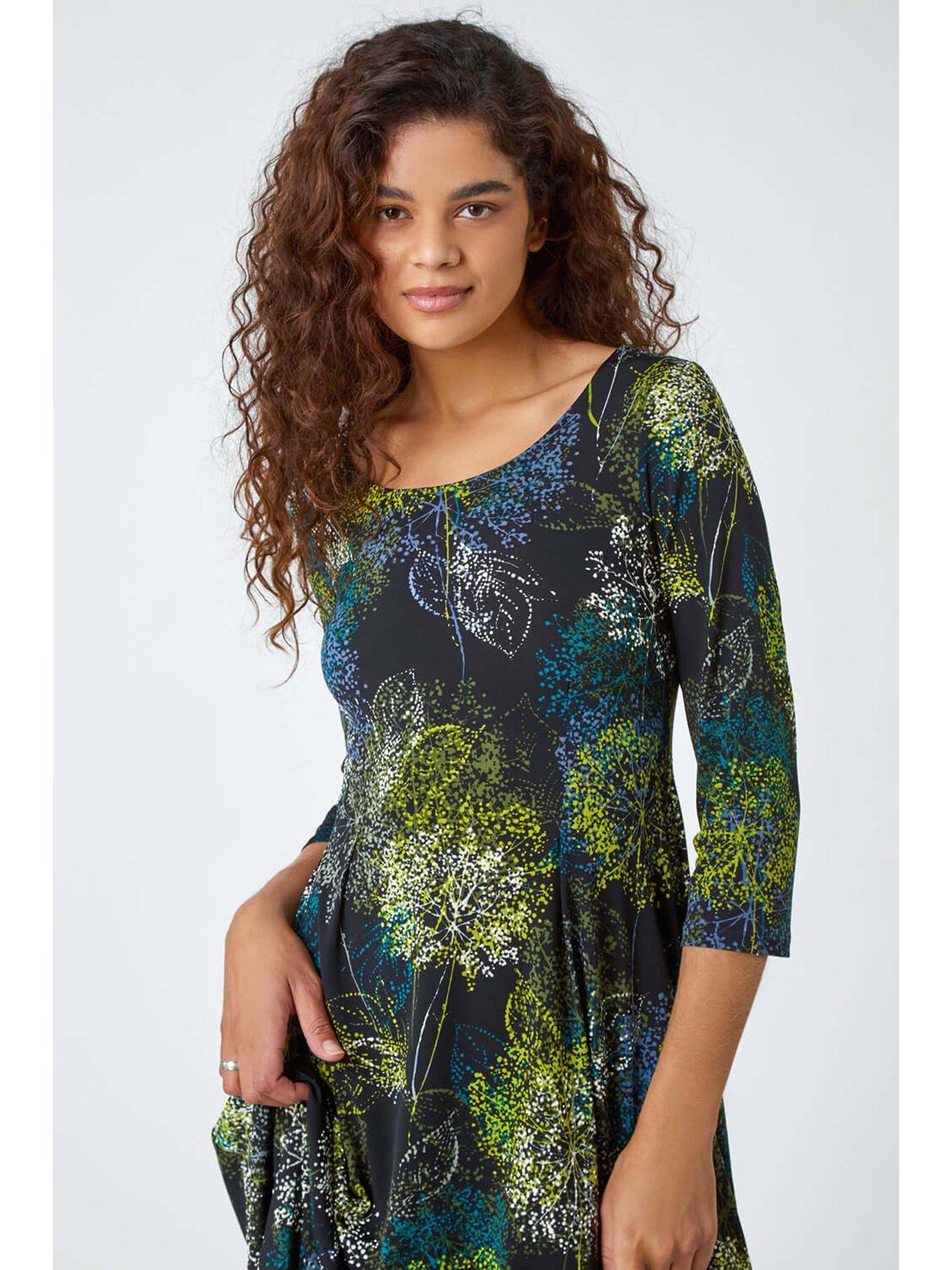 Image 4 of 5 of Roman Floral Hanky Hem Stretch Midi Dress - Green