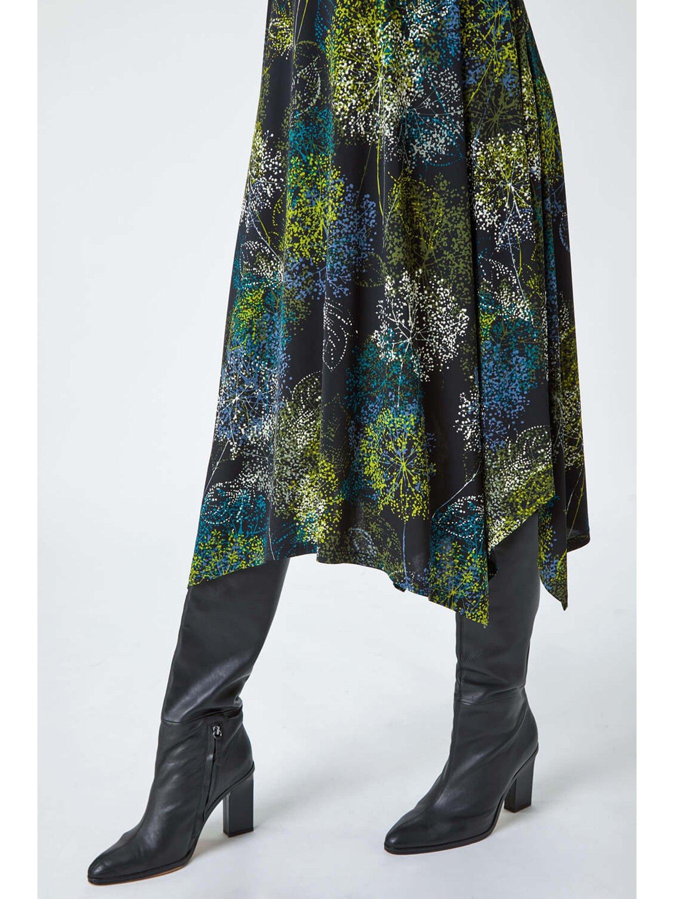 Image 5 of 5 of Roman Floral Hanky Hem Stretch Midi Dress - Green