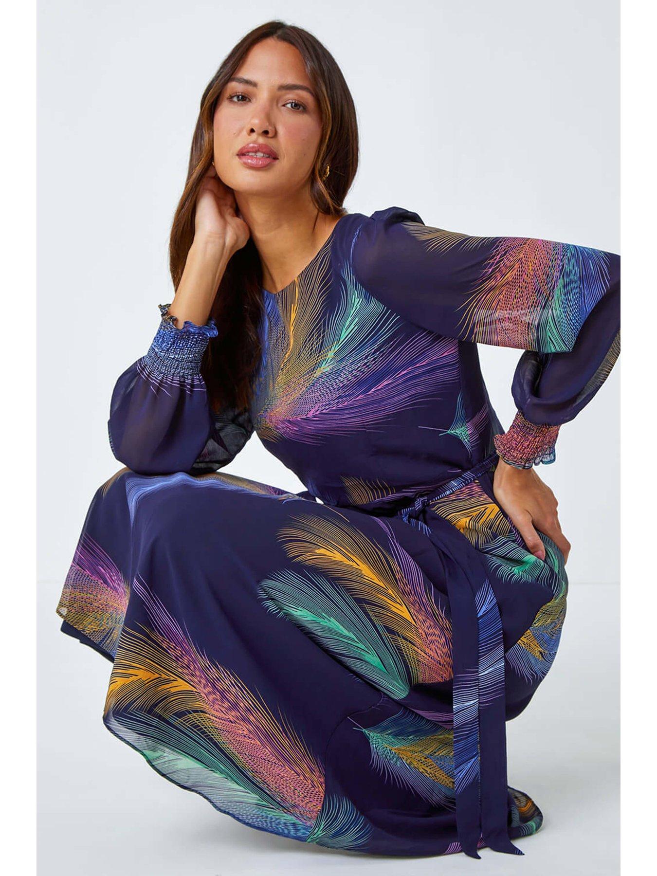 roman-feather-print-belted-midi-dress-purple