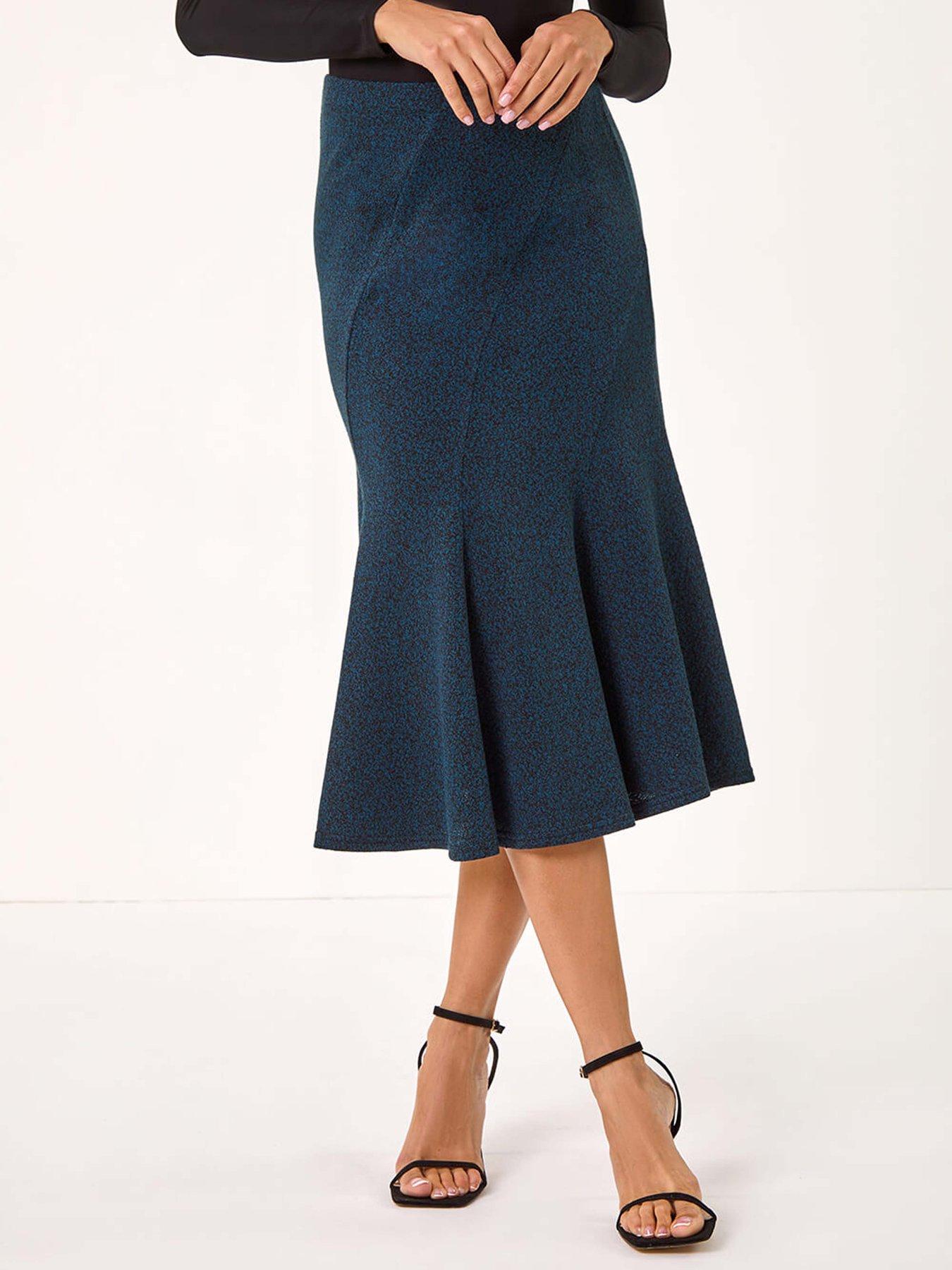 Roman Flared Textured Midi Stretch Skirt - Teal