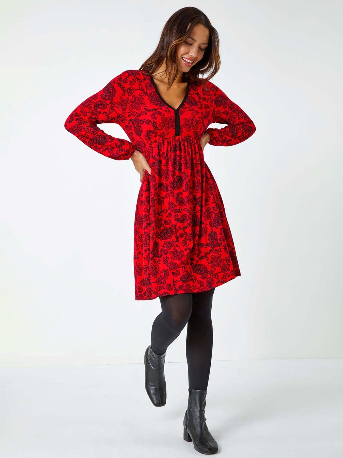 Roman Floral Print Stretch Jersey Dress - Red