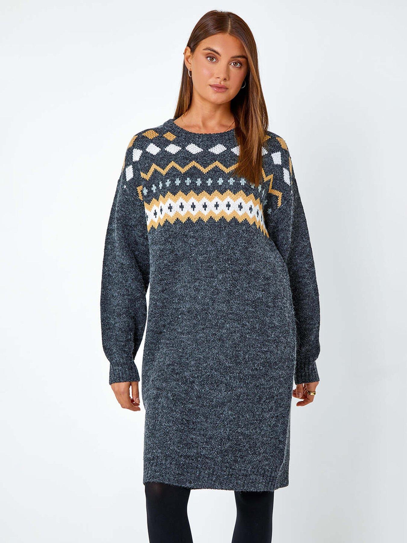 Roman Nordic Print Knitted Jumper Dress - Dark Grey